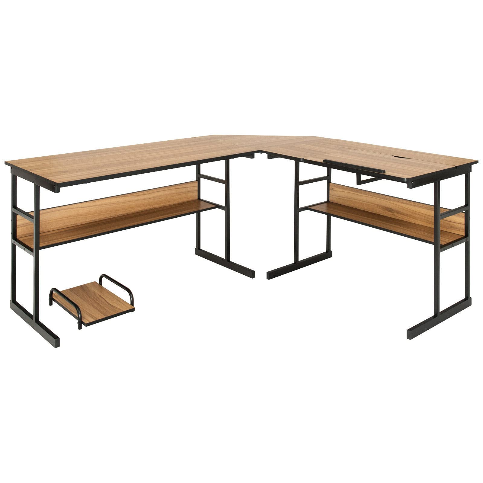 Ergonomic Walnut L-Shaped Corner Desk with Adjustable Tilt Top - Home Office Computer Workstation, Study Table with 2 Open Bookshelves for Laptop, Writing & Drawing - Perfect for Small Spaces, Gaming Setup & Artist Studio