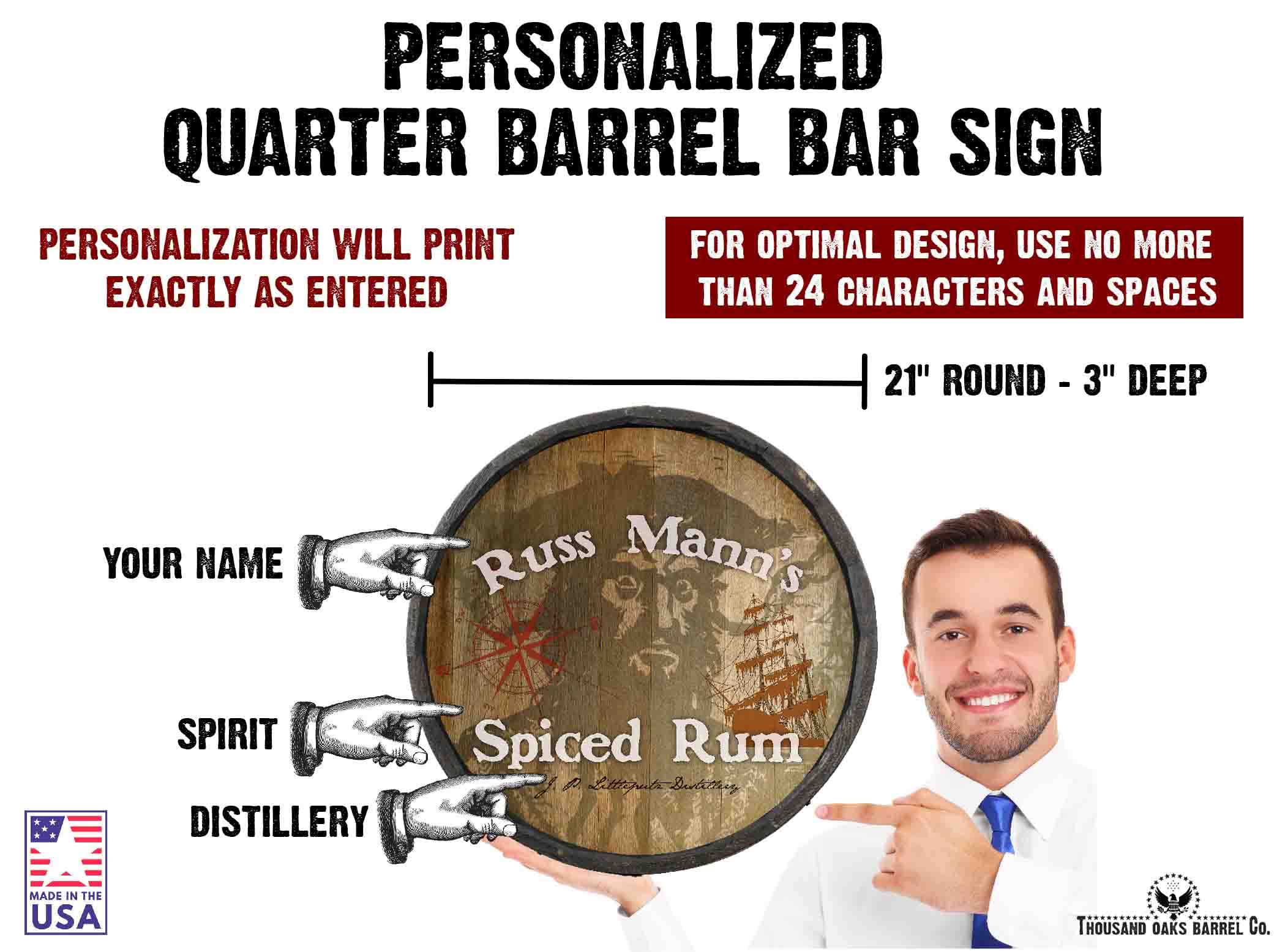 Personalized 21-Inch Whiskey Barrel Head Sign by Thousand Oaks Barrel Co. - Custom Wooden Home Bar Decor for Man Cave, Kitchen, Office - Pirate Theme Wine Barrel Lid Wall Art (C7) - Perfect for Rustic Home Decor, Whiskey Lover Gifts & Western Style Interior Design