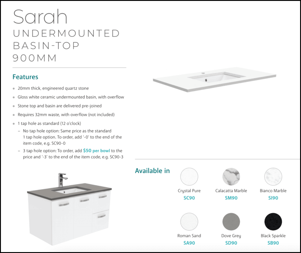 Fienza SC90FL 900mm White Undermount Crystal Pure Stone Vanity with Left Drawers & Fingerpull - Modern Bathroom Sink Cabinet for Small Spaces & Powder Rooms