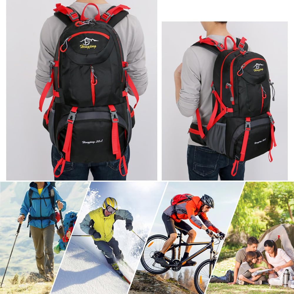 Rojeam 40L/50L/60L Lightweight Hiking Backpack for Men & Women - Waterproof Travel Daypack for Outdoor Activities, Trekking, Camping & Cycling - Durable Black 50L Backpack for Adventure & Daily Commute