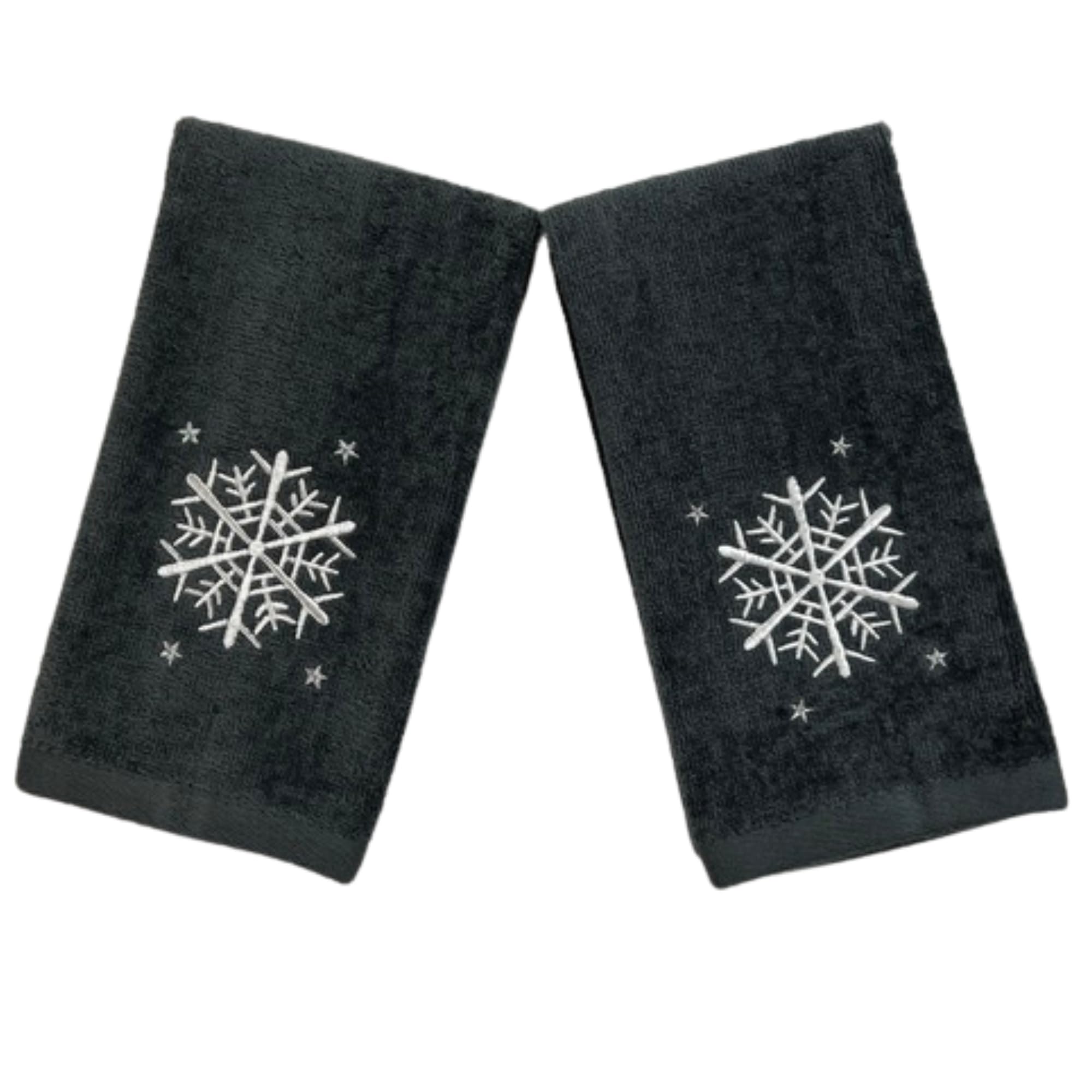 Snowflake Design Grey Holiday Fingertip Bathroom Guest Towels - Set of 2, 12x18 Inches, 100% Cotton - Perfect for Christmas Decor, Guest Bathrooms & Winter Home Accents