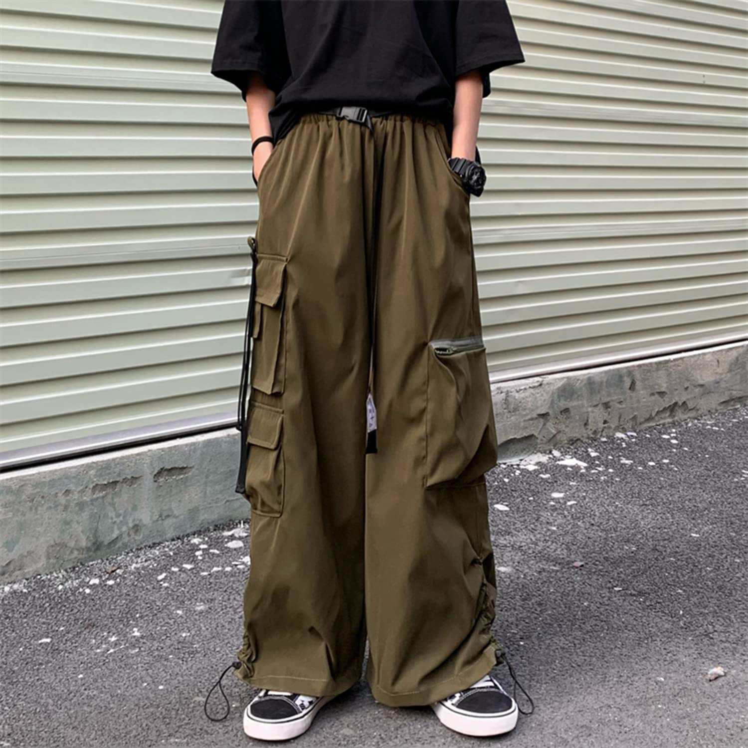 Trendy Wide Leg Cargo Pants for Women - Punk Style Baggy Drawstring Trousers with Pockets | Harajuku Streetwear Fashion | Straight Leg Sweatpants Joggers for Casual Wear, Street Style & Outdoor Activities