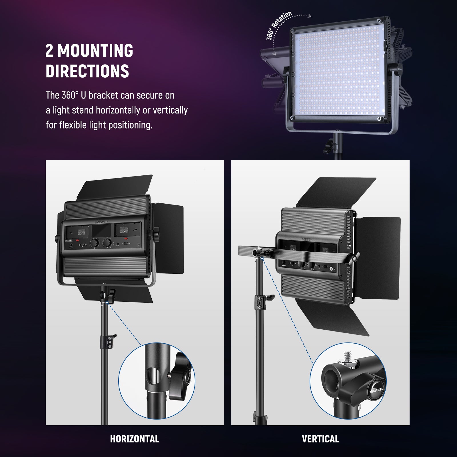 NEEWER 2 Pack RGB1200 LED Video Light Panel Kit with 3200K-5600K Adjustable Color Temperature, 1200 LEDs, Dimmable for YouTube, TikTok, Photography, Live Streaming & Studio Lighting