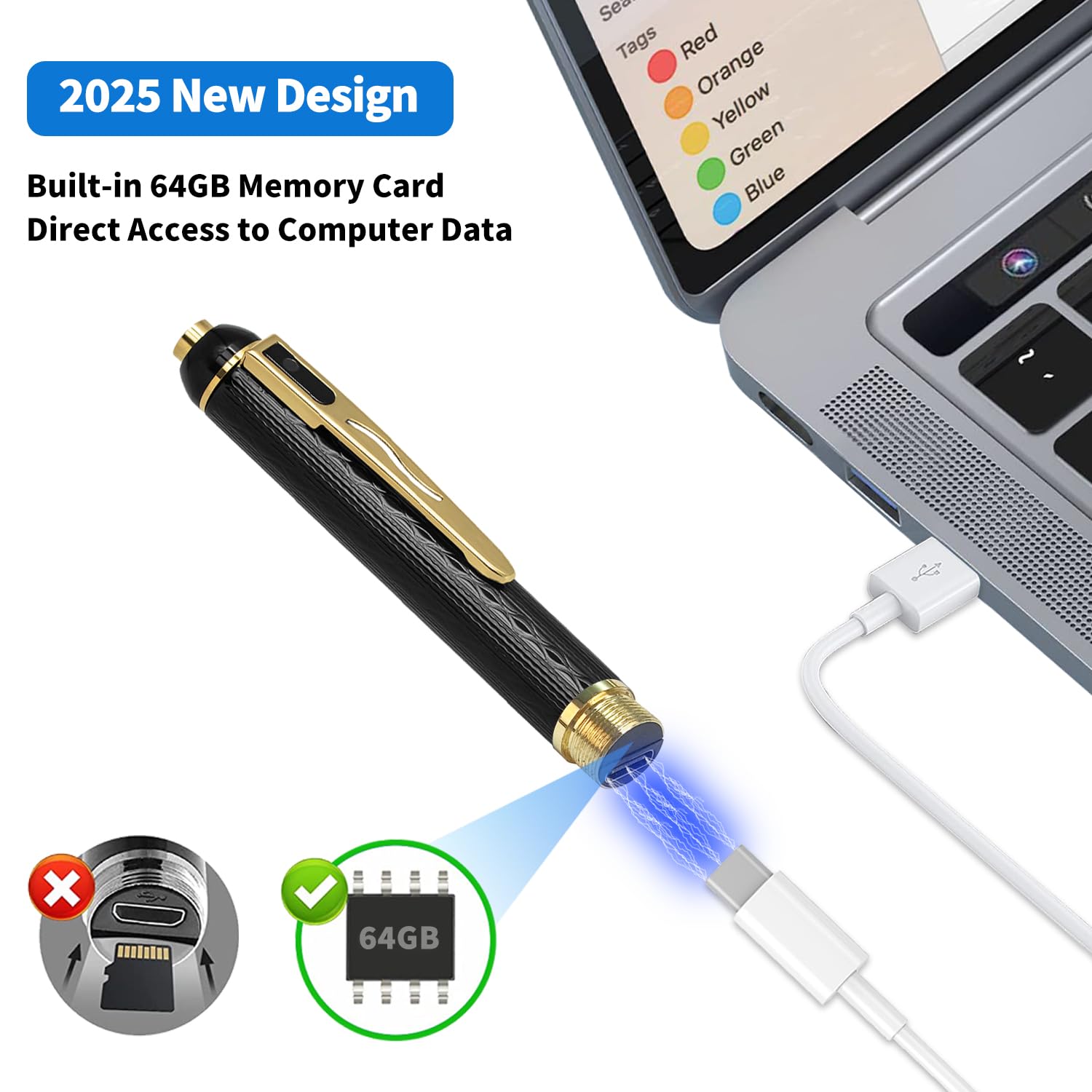64GB Body Camera with 1080P HD - Mini Rechargeable Pocket Cam for Indoor & Outdoor Surveillance | Nanny Cam, Security Pen Camera for Home, Office, and Travel Recording