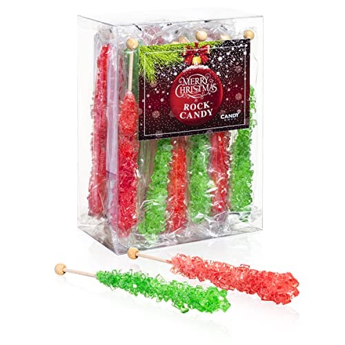 Merry Christmas Rock Candy Sugar Sticks - 18 Individually Wrapped Red & Green Holiday Candy Canes - Perfect for Stocking Stuffers, Party Favors & Christmas Decorations