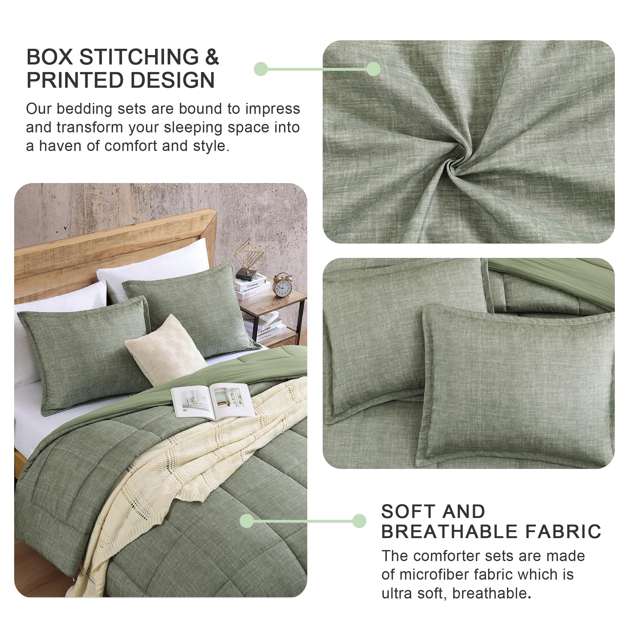 Monbix King Size Comforter Set - Ultra Soft 3-Piece All Seasons Bedding Set with 1 Comforter & 2 Pillow Shams (Sage Green, King 102x90) - Perfect for Master Bedroom, Guest Room & Cozy Home Decor