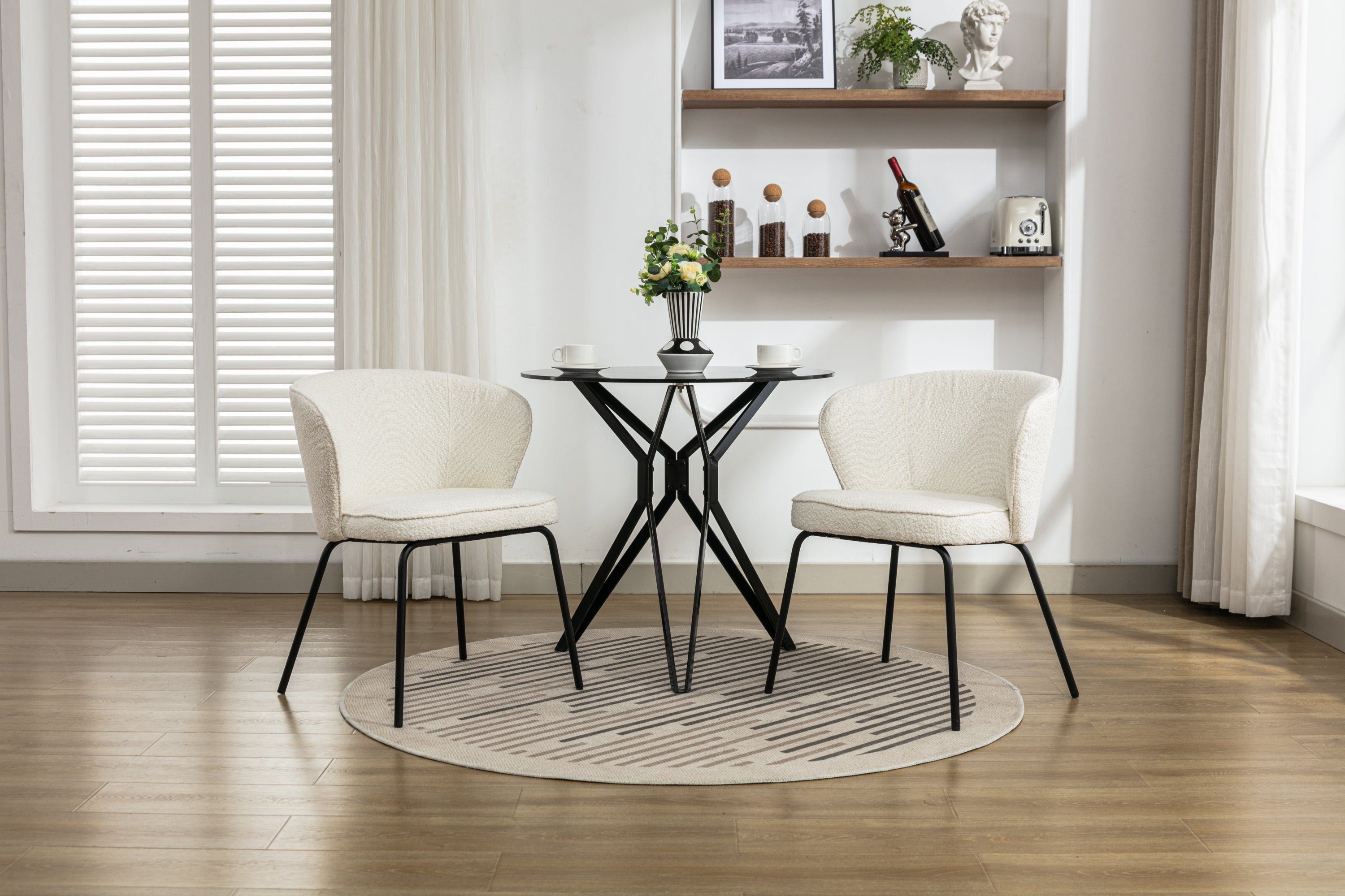 Set of 2 Modern Boucle Fabric Dining Chairs with Black Metal Legs in Ivory - Comfortable Upholstered Side Chairs for Kitchen, Dining Room, and Office Use