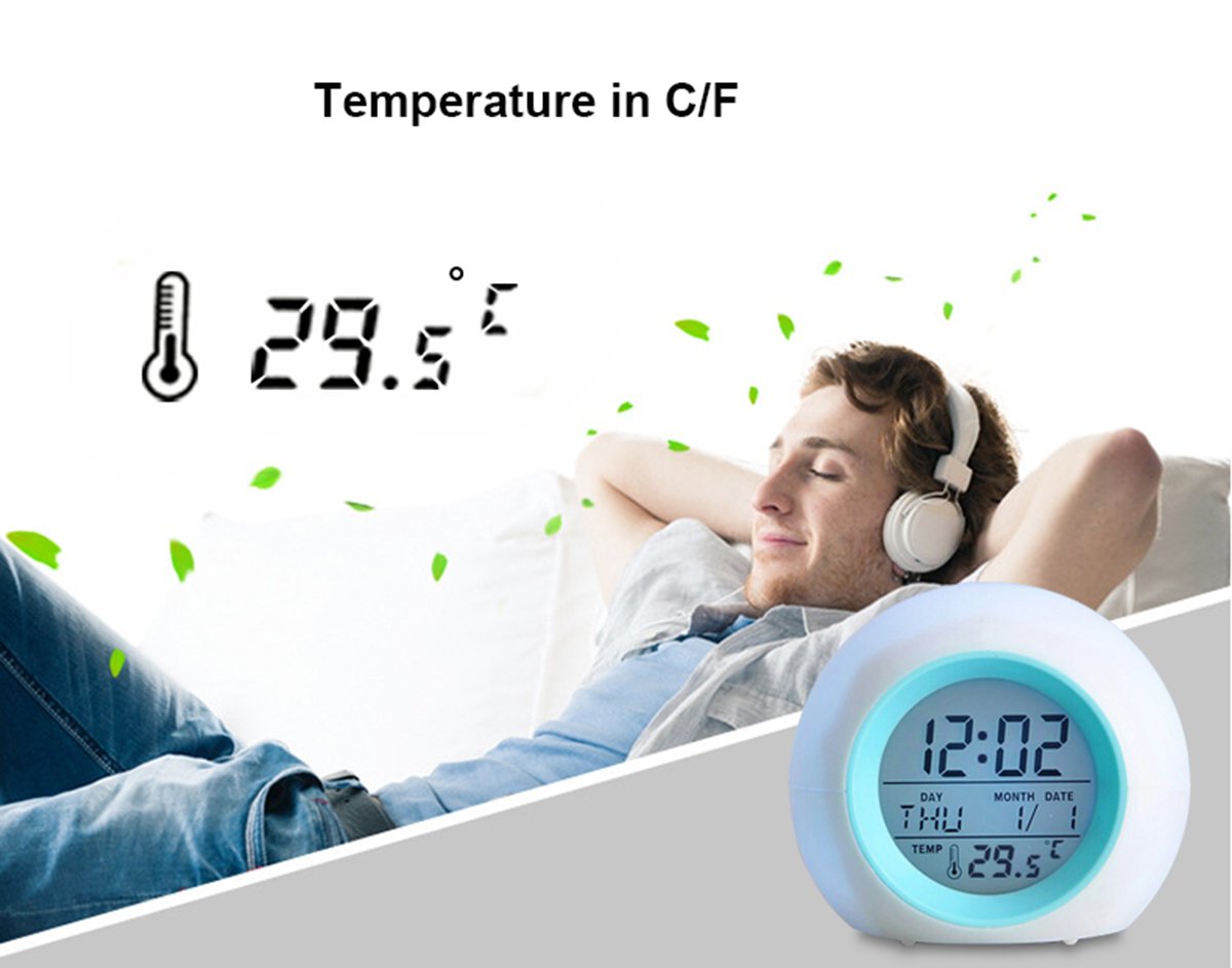 Kids Digital Alarm Clock with Temperature Display & 7-Color LED Changing Light - 5 Natural Music Songs for Bedroom, Nightstand, or Nursery | Perfect for Sleep Training & Gentle Wake-Ups