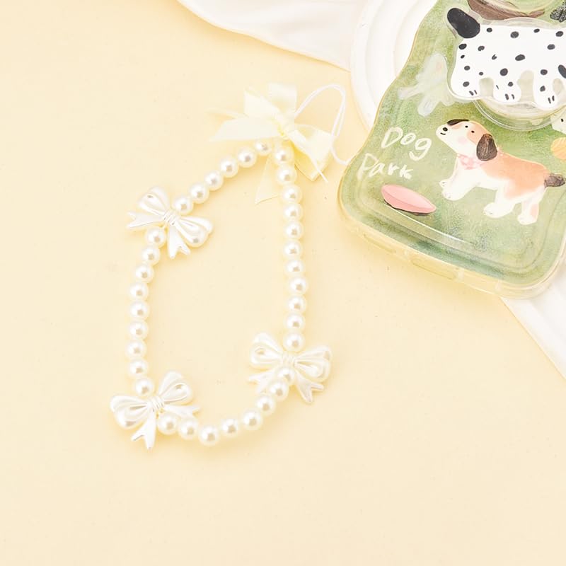 Bow Pearl Phone Charm | Beaded Phone Lanyard & Wrist Strap | White Bead Anti-Lost Phone Chain for Women & Girls | Long Pearl Lanyard for Phone Case | Perfect for Daily Use, Parties & Gifts