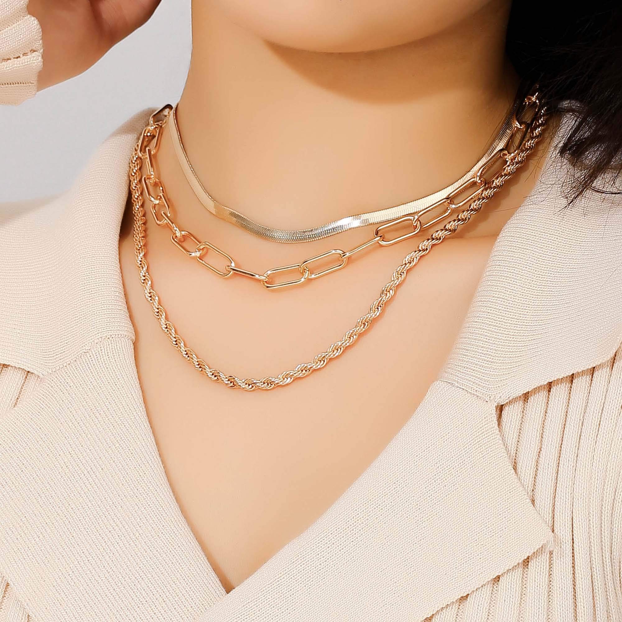 14K Gold Plated Women's Layered Necklace Set - Dainty Coin Pendant, Herringbone & Snake Chain Choker - Elegant Jewelry Gift for Her | Perfect for Date Nights, Office Wear & Special Occasions