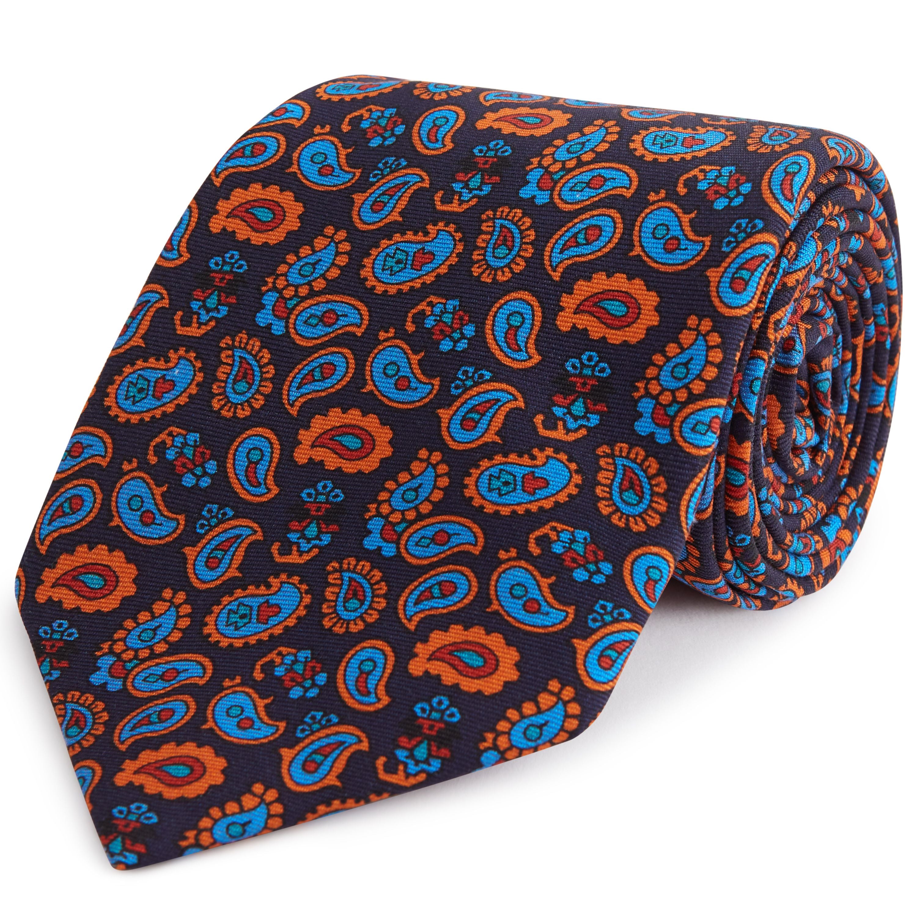 Navy and Orange Paisley Madder Printed Silk Tie for Men - Elegant Designer Necktie for Business, Weddings & Formal Occasions