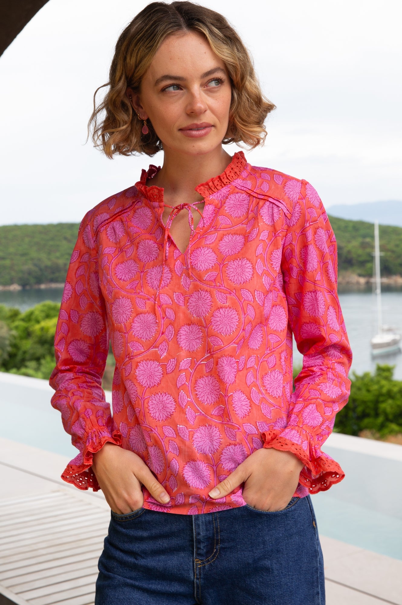 Rosie Organic Cotton Block Print Blouse - Lotus Red & Pink Floral Embroidered Top for Women | Boho Chic Summer Outfit, Casual Wear & Festival Fashion