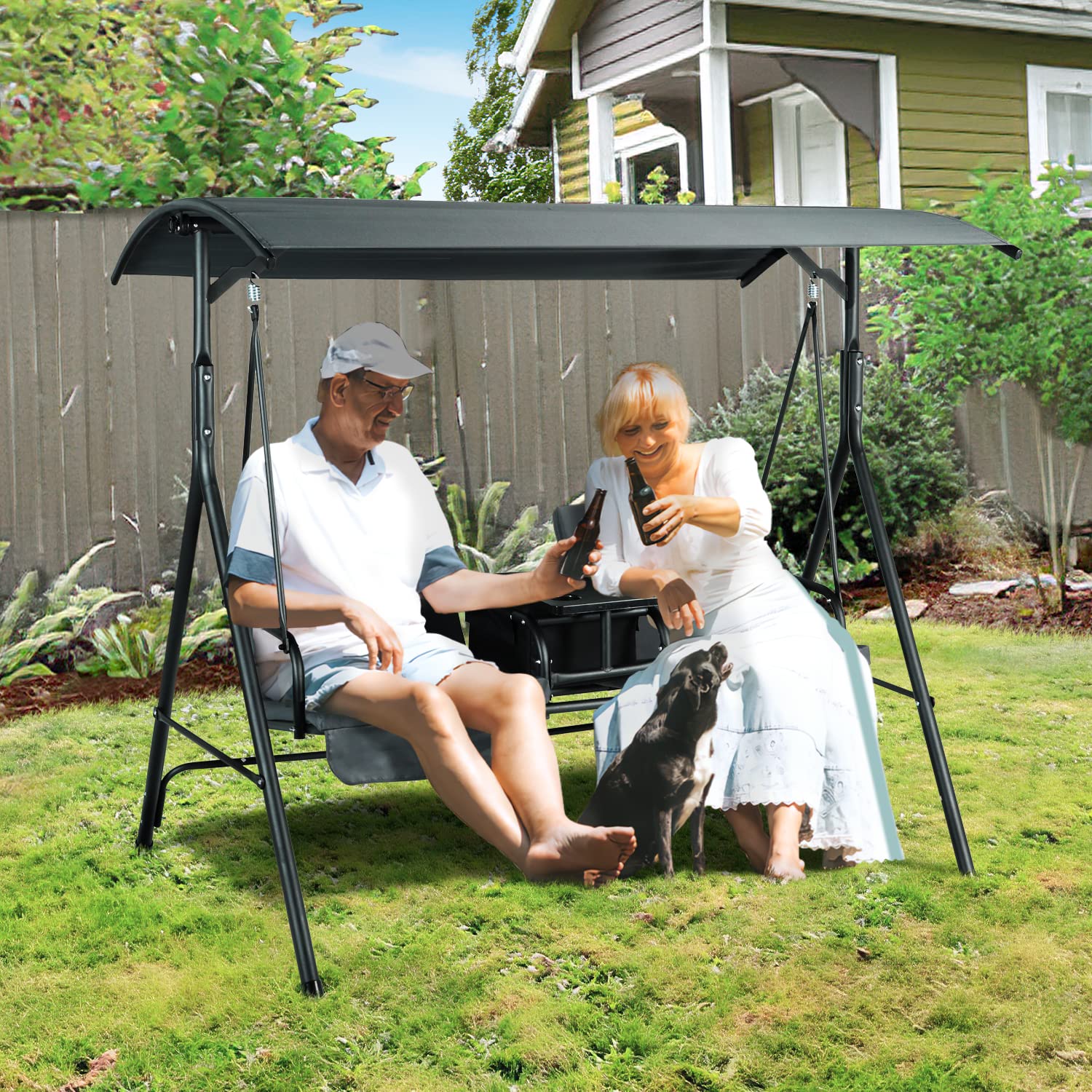 GRAVFORCE 2-Seat Outdoor Porch Swing with Adjustable Canopy, Storage Cooler Bag & Table - Patio Swing Set with Cup Holders for Backyard, Garden, Deck (Gray) - Perfect for Relaxing, Lounging & Outdoor Entertaining
