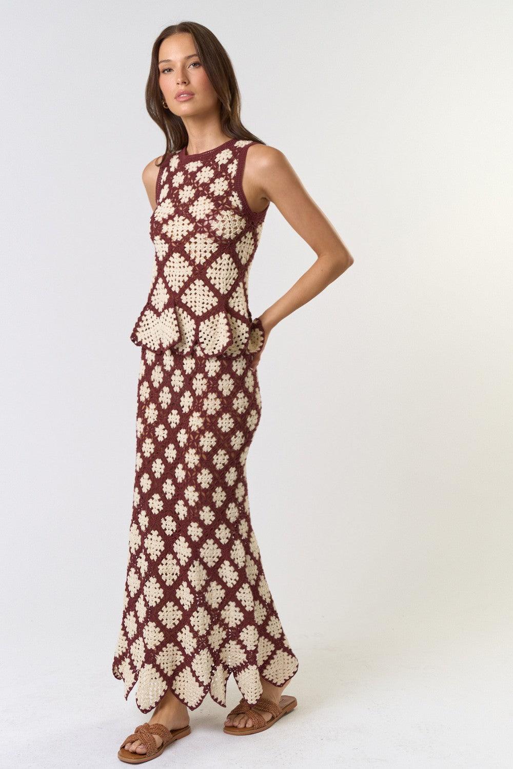 White Lotus Brown Cream Maxi Skirt - Boho Flowy Long Skirt for Women, Perfect for Beach, Vacation, and Summer Outfits