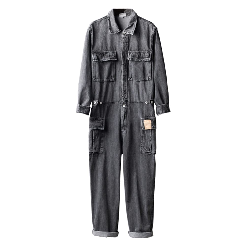 Men's Long Sleeve Cargo Denim Jumpsuit with Multiple Pockets - Casual Work Overalls in Gray Blue | Durable Coveralls for Construction, Gardening & Outdoor Activities