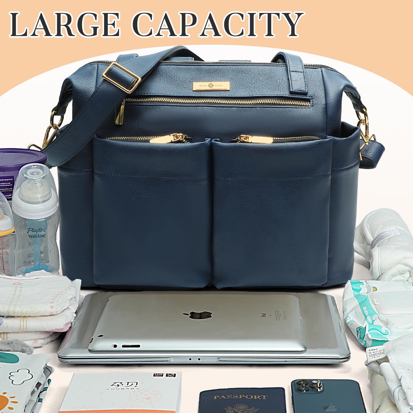 Premium Leather Diaper Bag Backpack by Miss Fong - Stylish Baby Diaper Tote for Moms, Waterproof & Spacious Organizer - Perfect for Travel, Daycare, and On-the-Go Parenting
