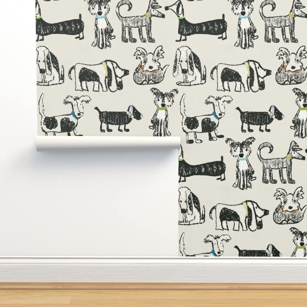 Peel & Stick Removable Wallpaper - 9ft x 2ft Dog Sketch Design, Gender Neutral Nursery Decor, Pet Lover Gift, Black & White Puppy Pattern by Spoonflower | Perfect for Kids Rooms, Pet Stores & Home Offices