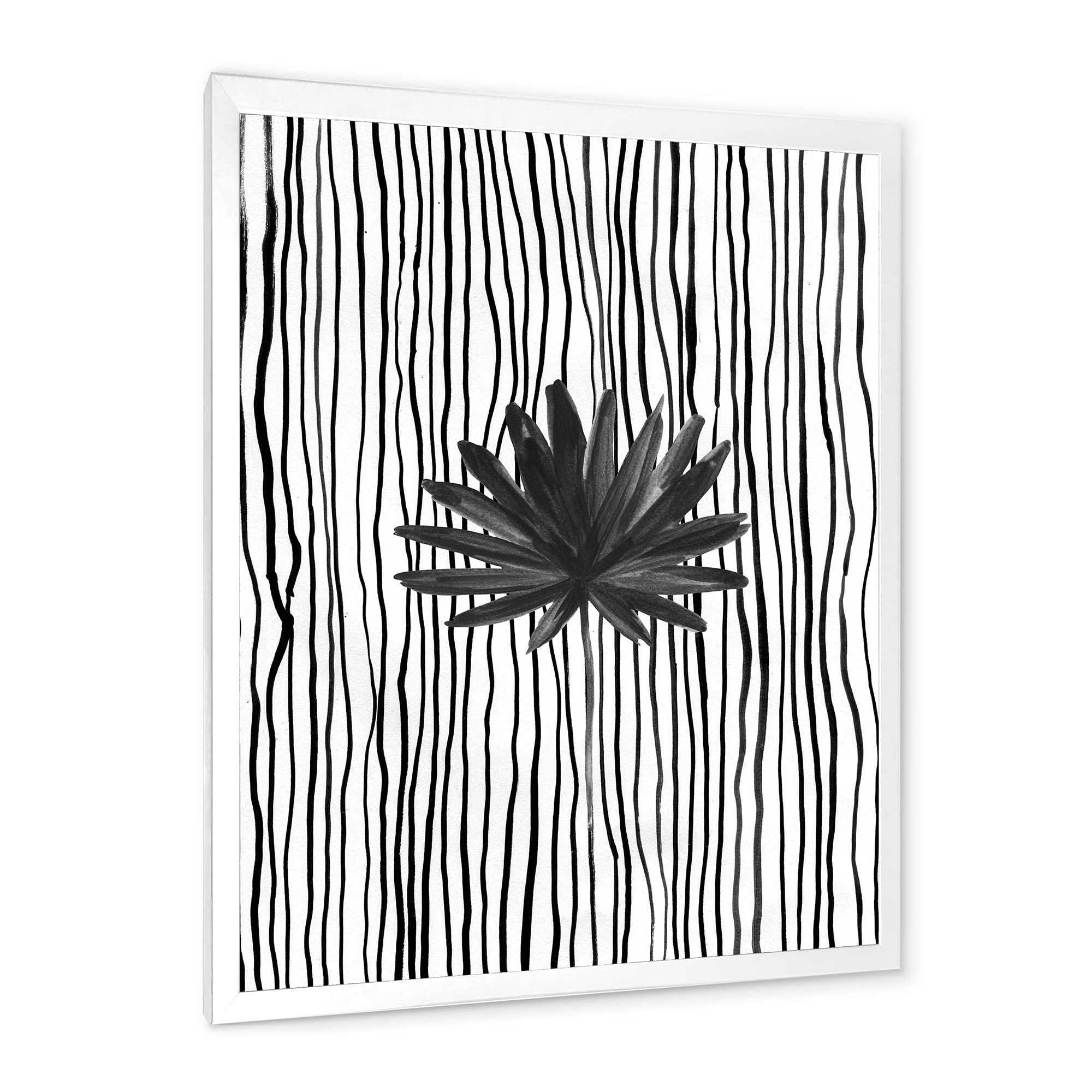 DesignQ Black and White Tropical Leaf on Striped Modern Framed Wall Art - Perfect for Living Room, Bedroom & Office Decor
