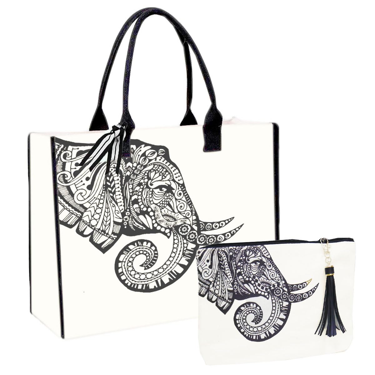 Personalized Canvas Tote Bag with Makeup Pouch - Stylish Beach Bag, Yoga Gym Bag & Teacher Gift - Boho Mandala Printed Design for Women | Perfect for Work, Travel, Shopping & Fitness Activities