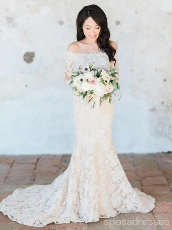 Off Shoulder Long Sleeve Mermaid Wedding Dress - Elegant Lace Bridal Gown for Beach, Church & Outdoor Ceremonies - Style WD612