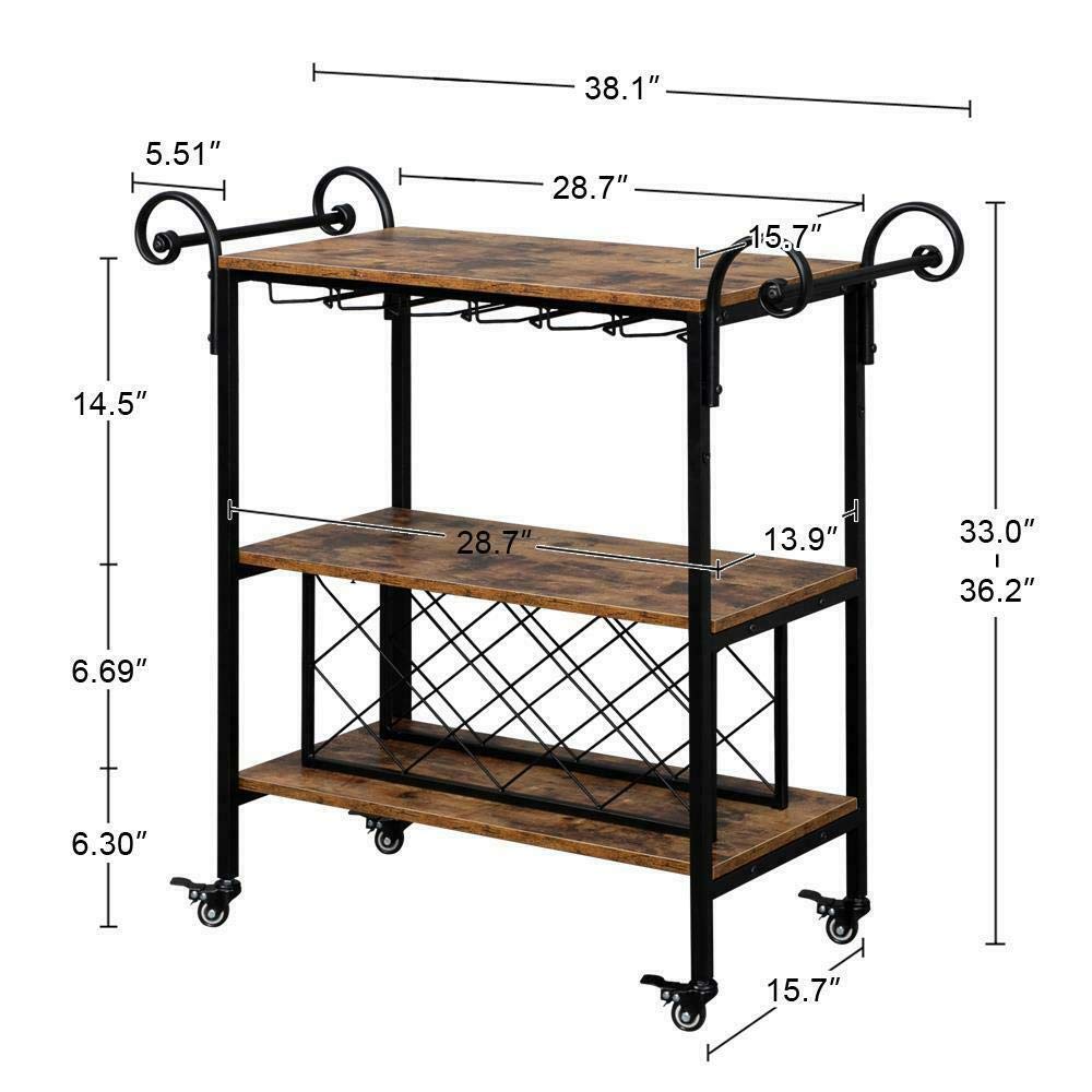 Premium 3-Tier Rolling Kitchen Cart with Wine Storage Rack - Sturdy Wood & Iron Construction, Easy Assembly - Perfect for Dining Room, Home Bar, Office & Industrial Spaces - Multi-Purpose Serving Trolley with Glass Holder & Smooth-Rolling Wheels
