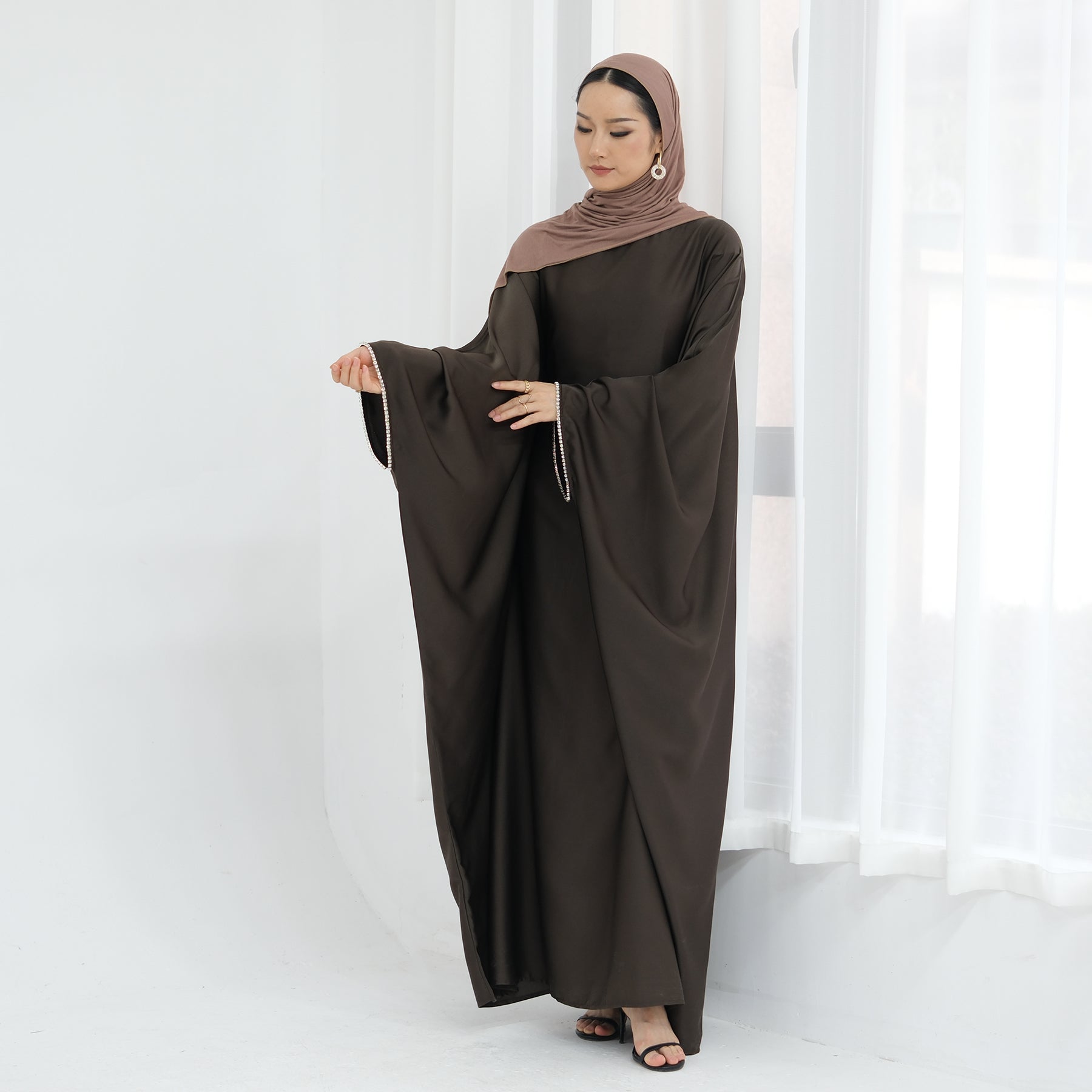 Davina Butterfly Satin Abaya Coffee - Elegant Muslim Prayer Dress for Women, Modest Long Sleeve Kaftan for Special Occasions & Daily Wear