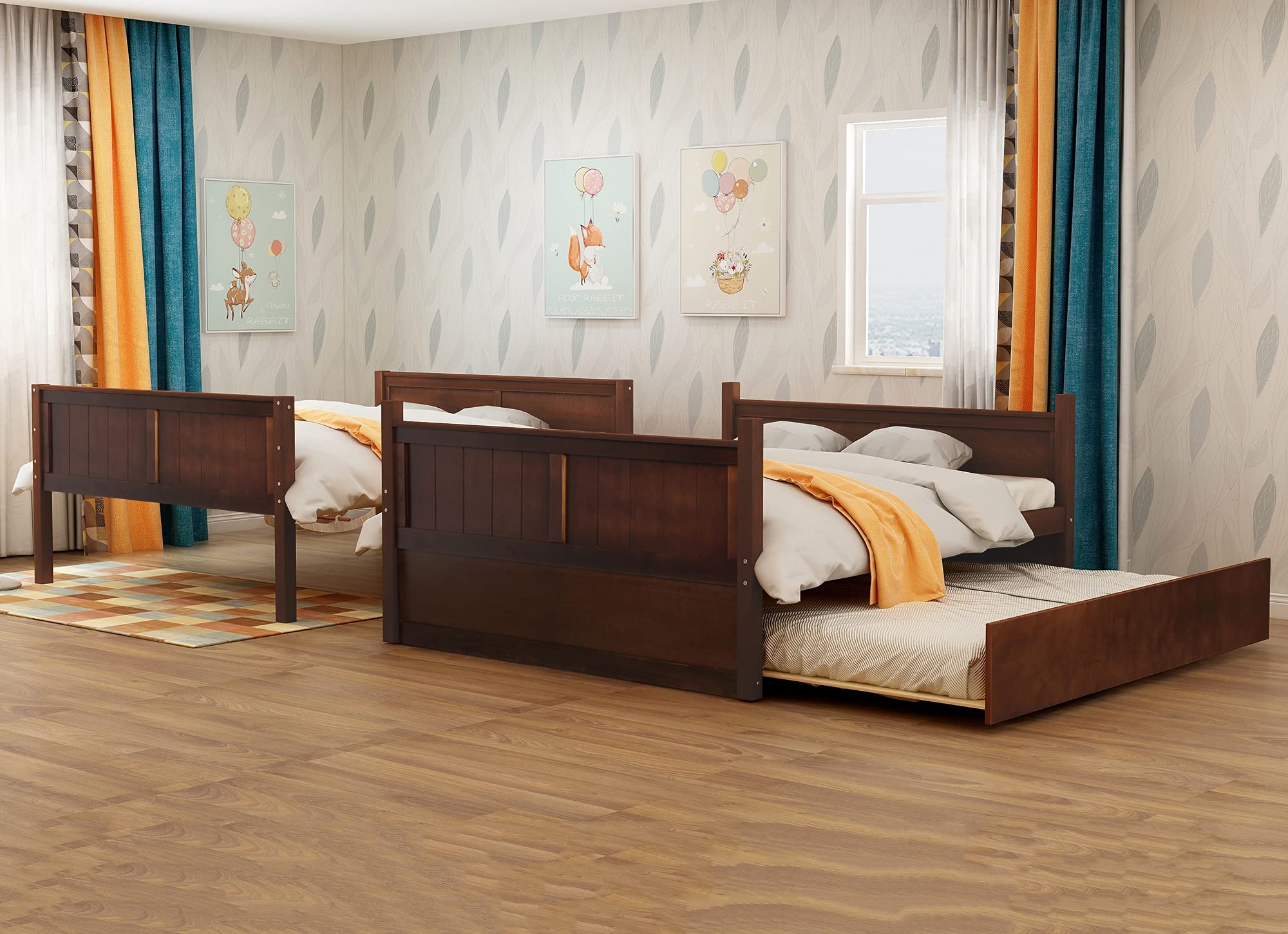P PURLOVE Full Over Full Bunk Bed with Twin Trundle - Solid Wood Bunk Bed Frame with Safety Rail & Ladder - Space-Saving Bunk Beds for Teens & Kids - No Box Spring Needed (Walnut) - Perfect for Small Bedrooms, Guest Rooms & Vacation Homes