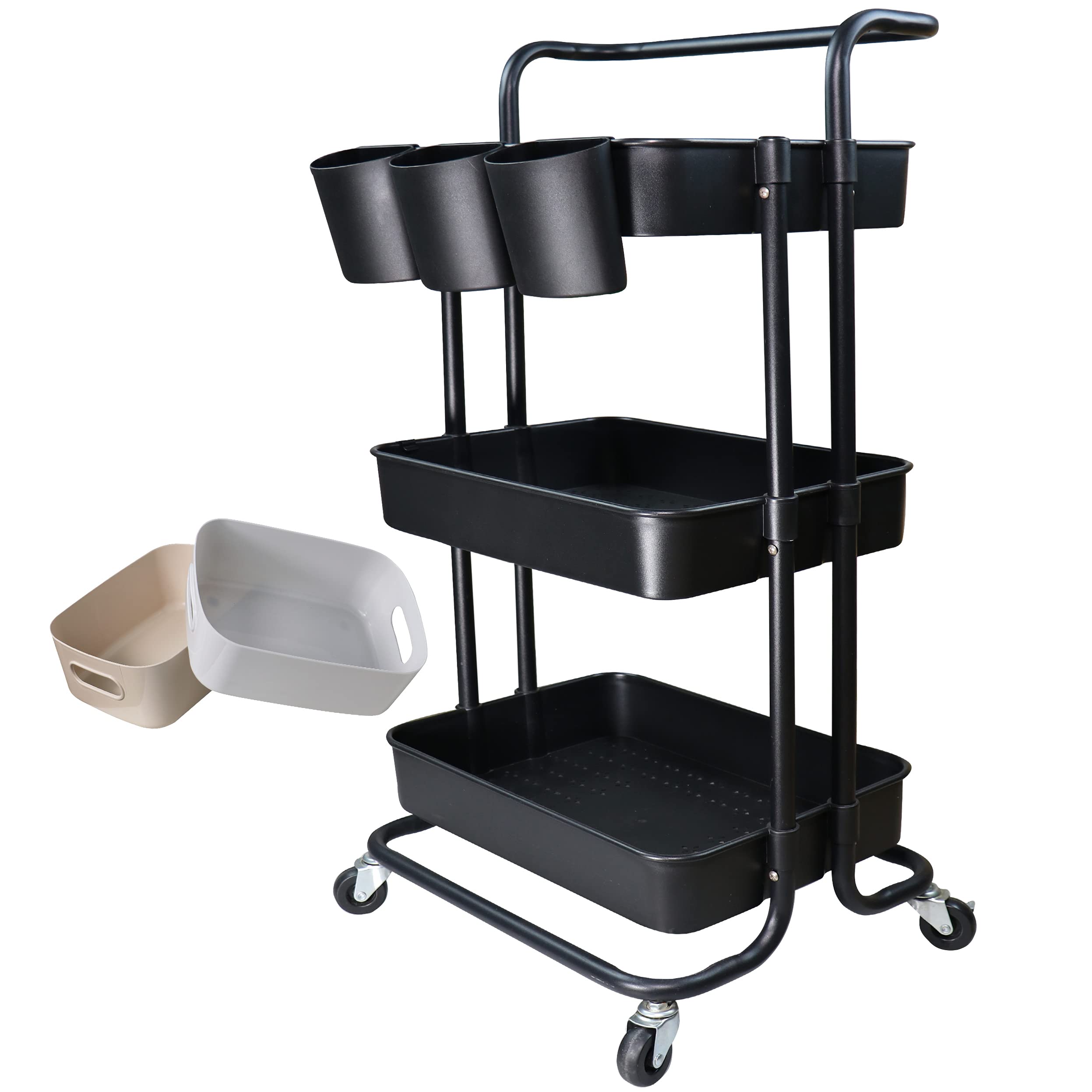 3-Tier Rolling Utility Cart with 3 Hanging Cups, 8 Hooks & 2 Storage Boxes - Mobile Organizer Shelf for Kitchen, Bathroom, Office & Home - Perfect for Storing Cleaning Supplies, Toiletries or Office Essentials (Black)