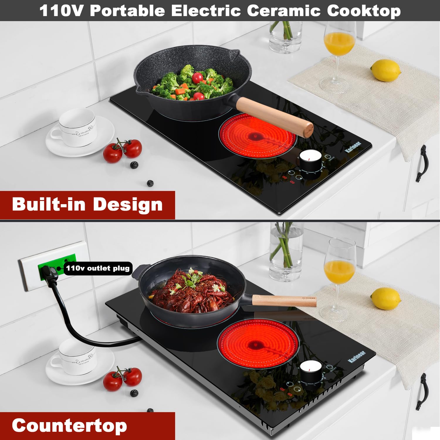 Karinear 2 Burner Electric Cooktop 110V - 12 Inch Portable Induction Stove with Knob Control & Outlet Plug - Countertop or Drop-in Radiant Cooktop with 9 Power Levels - Perfect for Small Kitchens, RVs, Dorms & Home Cooking