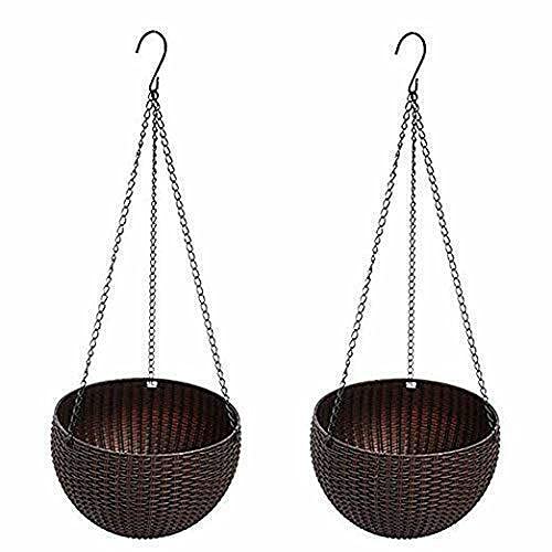 Rattan Plastic Hanging Basket - Round Resin Flower Pot for Indoor & Outdoor Plants - Small Brown Garden Planter for Balcony, Patio, and Home Decor