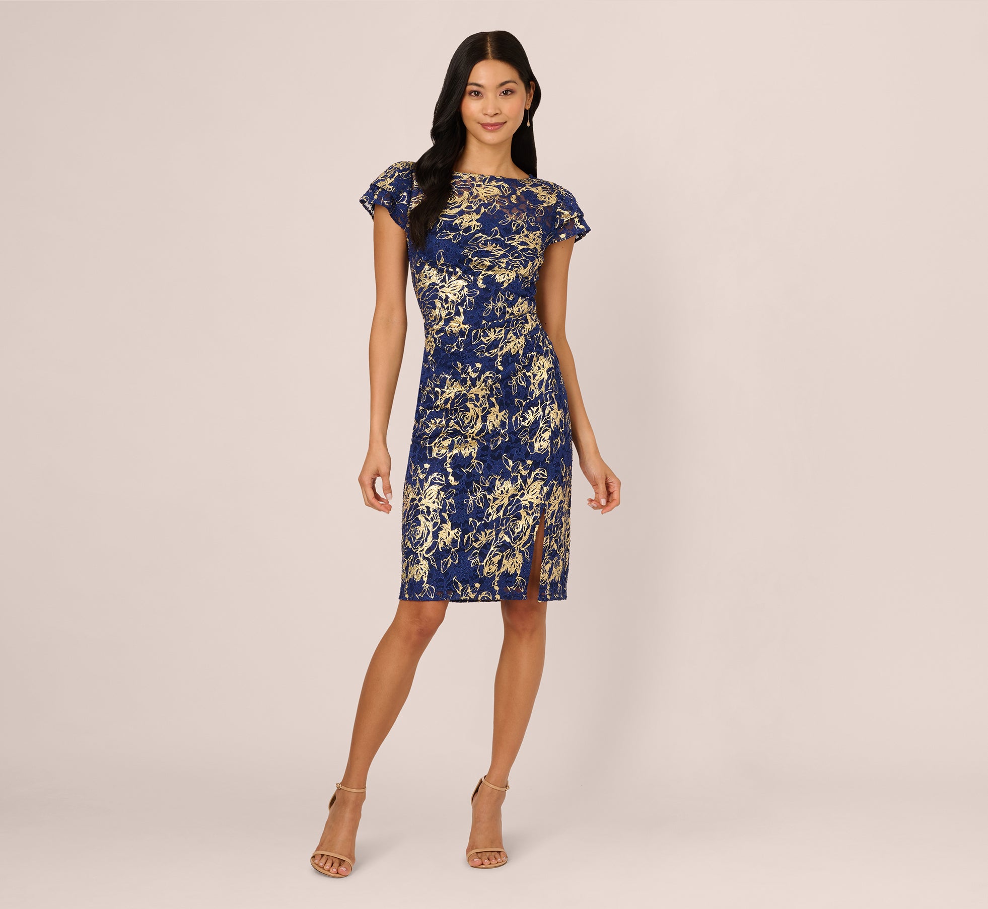 Elegant Navy Gold Cap Sleeve Foil Lace Sheath Dress for Women - Perfect for Cocktail Parties, Weddings & Evening Events