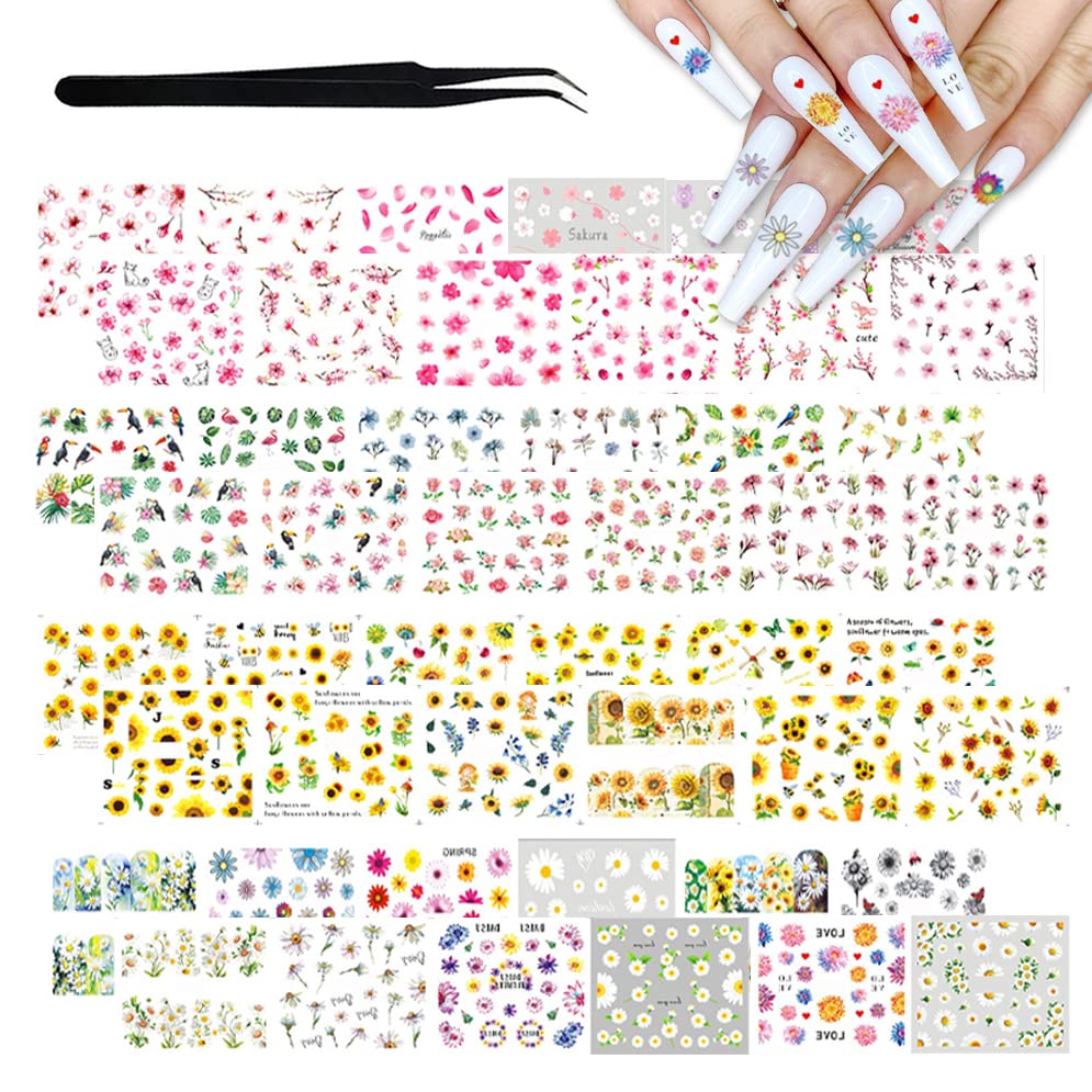 WOKOTO 48 Sheets Flower Water Transfer Nail Art Decals - Daisy, Plum, Sunflower, Rose & Flamingo Designs - DIY Nail Stickers with Tweezers for Women - Perfect for Home Manicures, Salon Nail Art & Party Nail Decor