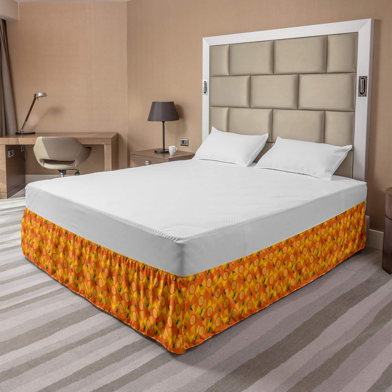 Ambesonne Elastic Bed Skirt - Citrus Slices Design, Wrap Around Dust Ruffle for King Size Beds, Earth Yellow & Marigold | Perfect for Bedroom Decor & Guest Room Styling