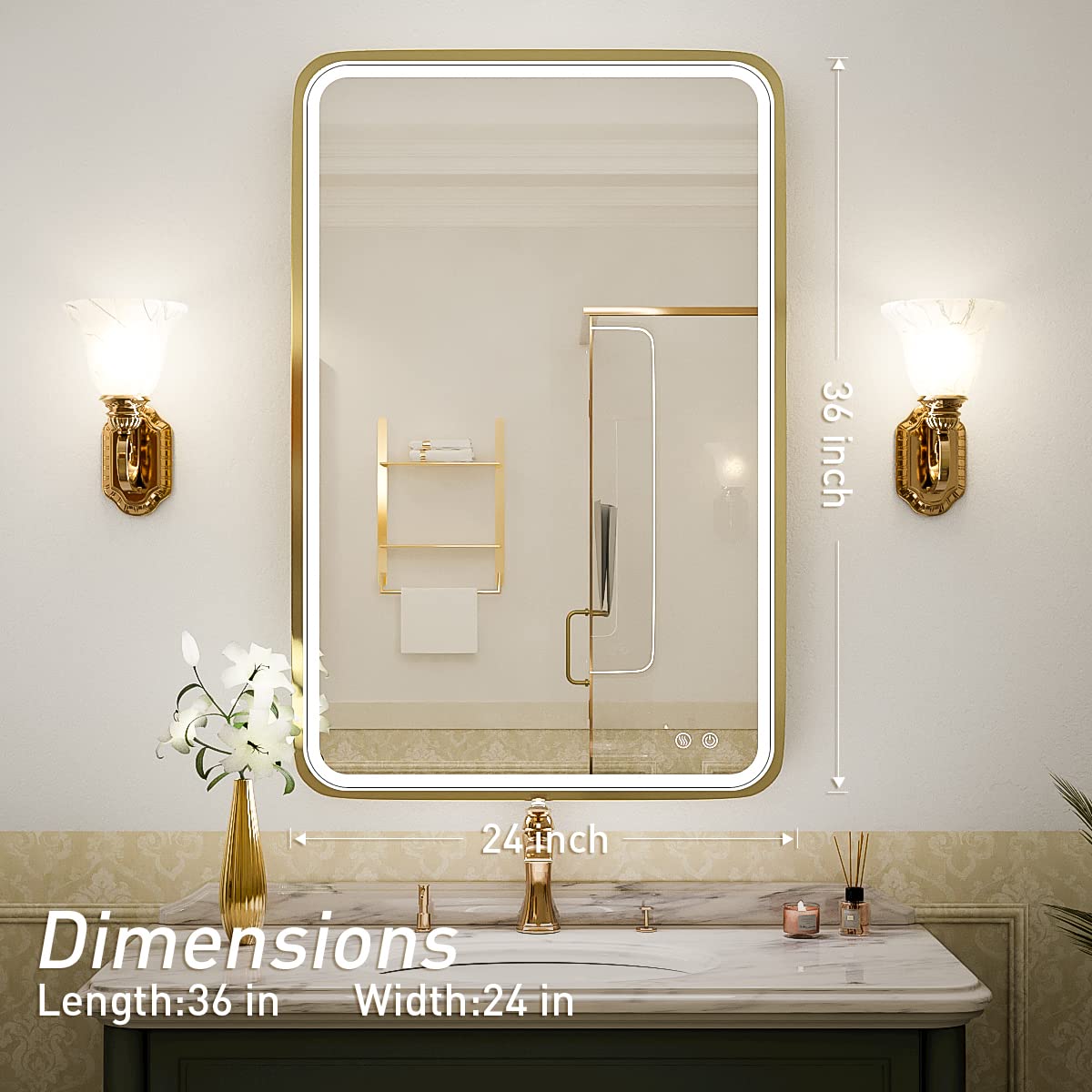 24x36 Inch LED Bathroom Vanity Mirror with Lights - Wall Mounted Lighted Mirror with Anti-Fog, Dimmable Memory Function & Rustproof Gold Metal Frame - Perfect for Bathroom, Dressing Room and Makeup Area (Horizontal & Vertical)