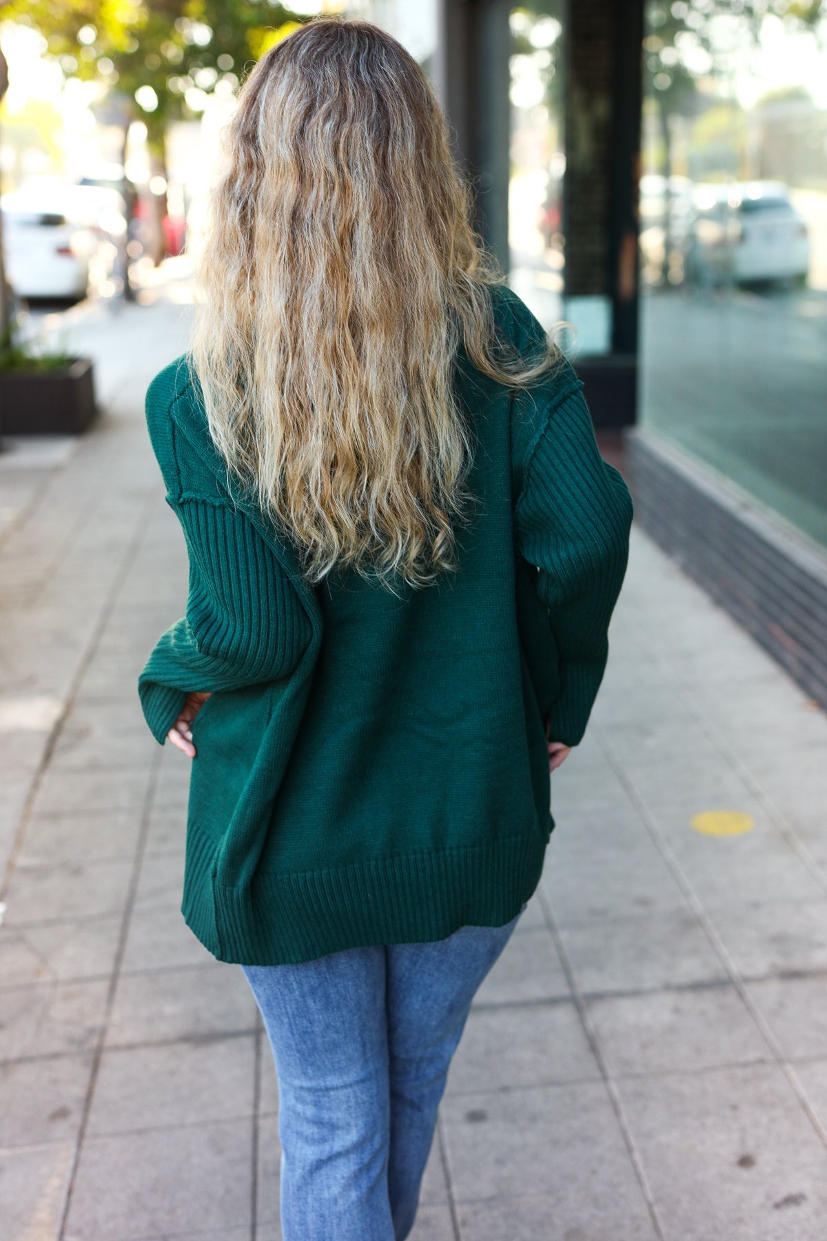 Stylish Hunter Green Oversized V-Neck Rib Knit Sweater for Women - Cozy Fall & Winter Layering Essential