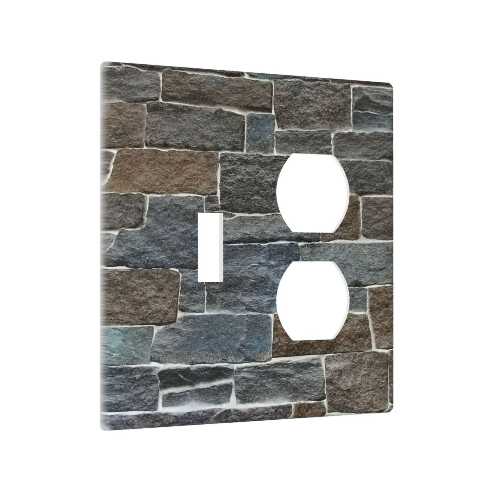 Farmhouse Style Stone Texture 2 Gang Toggle Duplex Outlet Wall Plate - Decorative Light Switch Cover for Living Room, Bedroom, Bathroom & Laundry Room - Durable Electrical Accessory with Combination Design