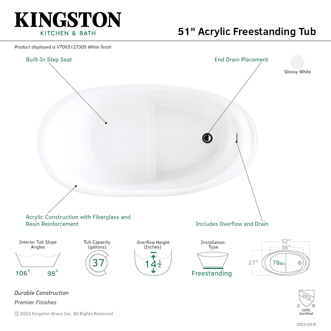 Aqua Eden 52 Inch Acrylic Oval Freestanding Bathtub with Drain & Built-in Seat - Glossy White Slipper Tub for Luxurious Bathroom Relaxation | Perfect for Spa-Like Experience at Home