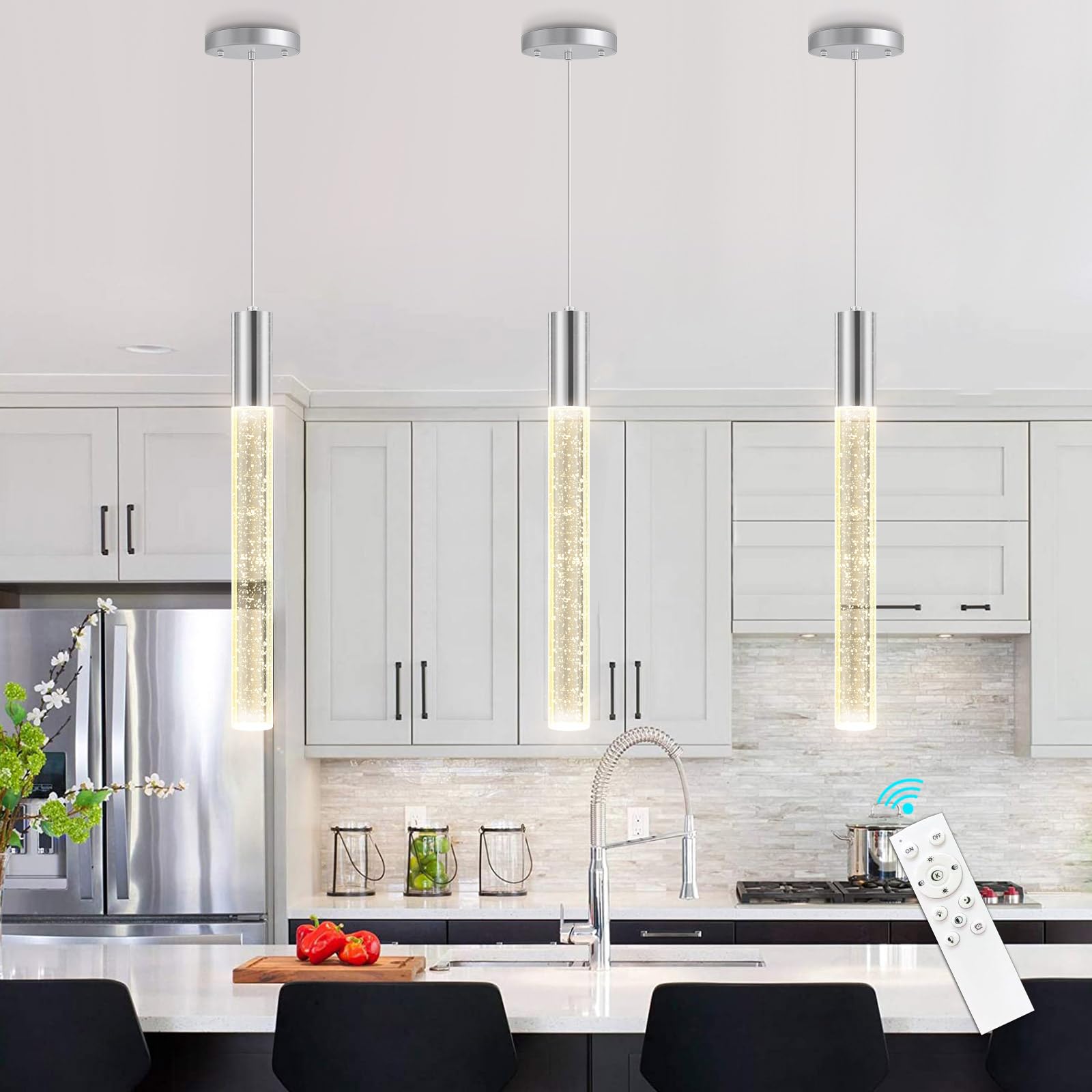 3 Pack Modern Dimmable LED Pendant Lights for Kitchen Island - Silver Hanging Light Fixtures for Dining Room, Bedroom & Living Room | Energy Efficient Lighting for Home Decor