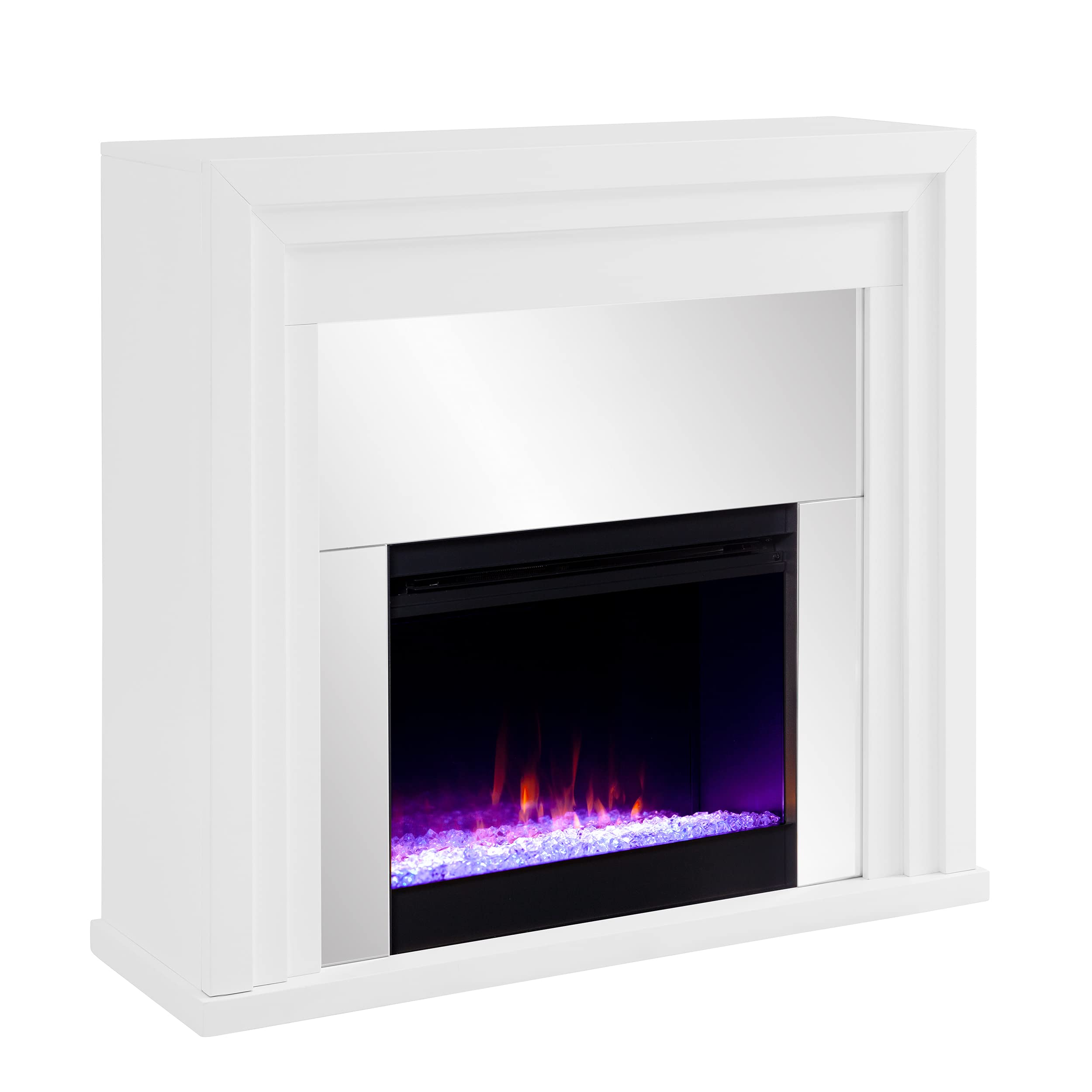SEI Furniture Stadderly Mirrored Color Changing Electric Fireplace - White & Silver Finish | Modern Heating Solution for Living Room, Bedroom, or Office Decor