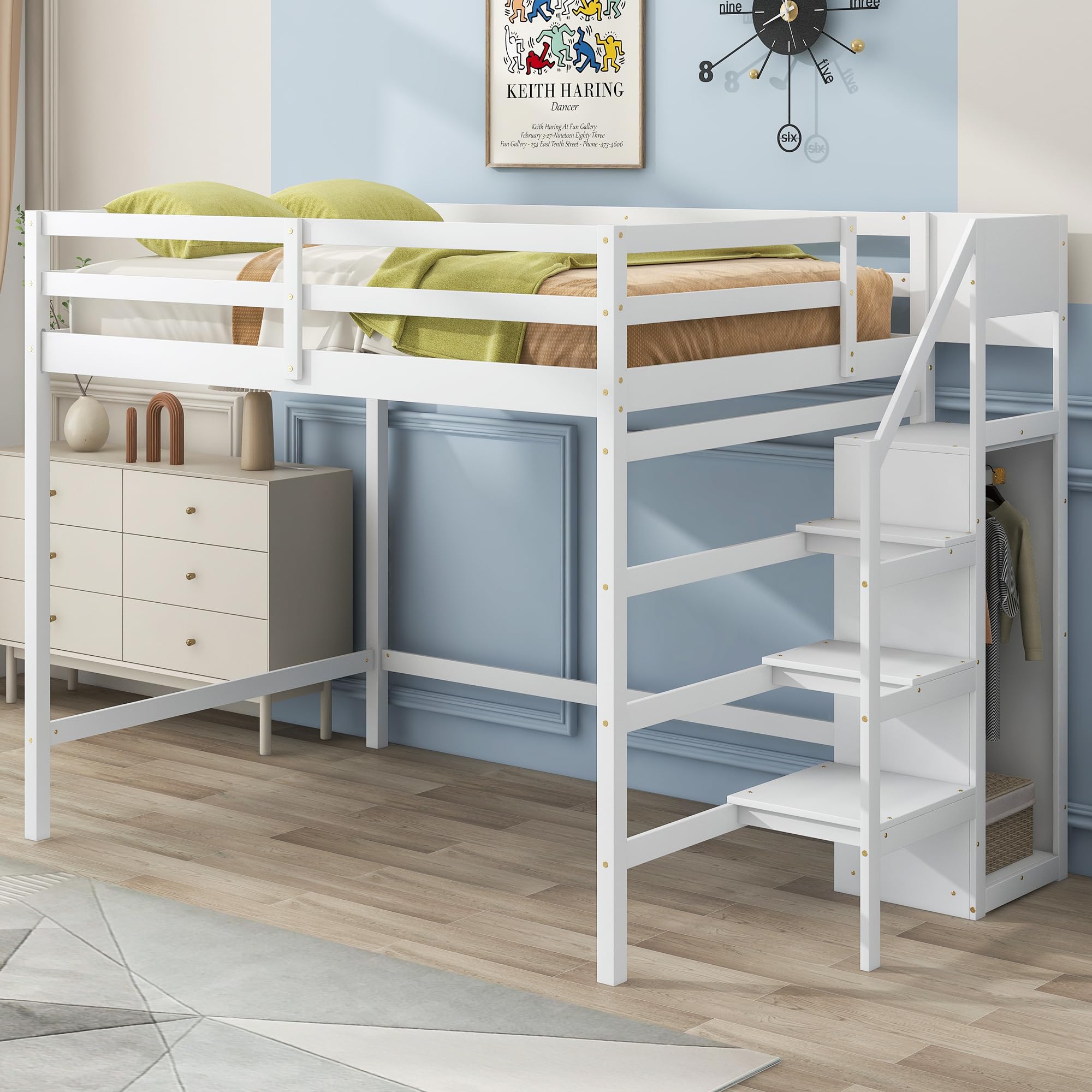 Harper & Bright Designs Full Size Loft Bed with Wardrobe & Staircase - Wooden Storage Loft Bed Frame for Kids, Teens & Adults - Space-Saving White Furniture for Small Bedrooms, Dorms & Apartments