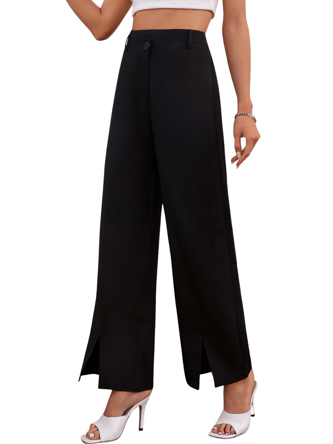 SweatyRocks Women's High Waist Wide Leg Pants - Solid Color Tailored Slit Hem Casual Trousers for Office, Work & Everyday Wear