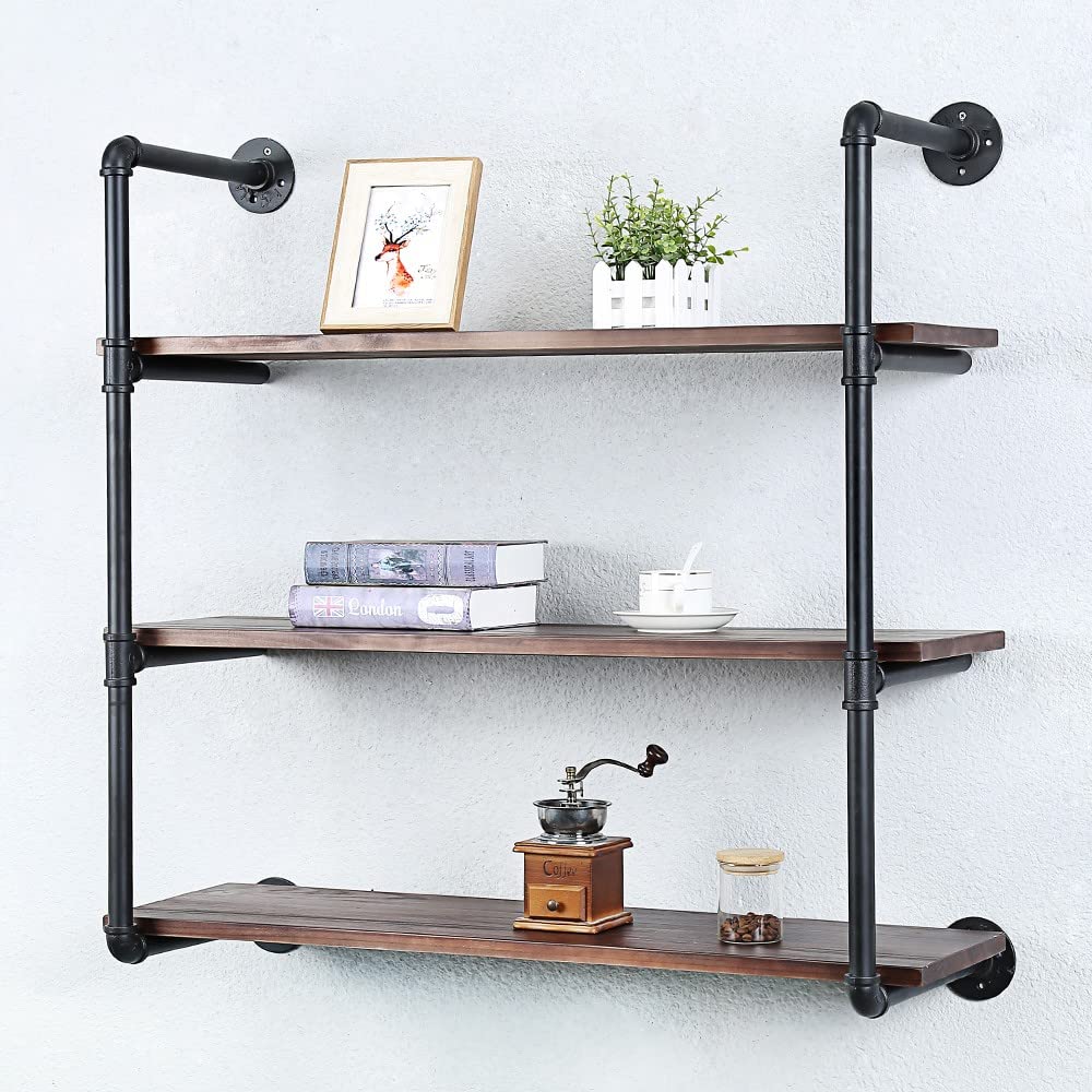 Industrial Pipe Shelving Wall Mounted - 36 Inch Rustic Metal Floating Shelves with Real Wood, Steampunk Style Bookcase, 3-Tier Farmhouse Kitchen Bar Shelving Unit for Home, Office & Retail Display