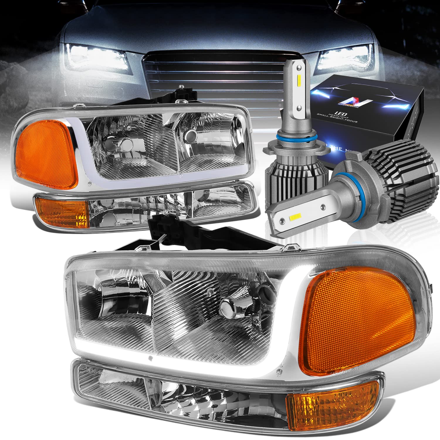 DNA Motoring HL-LB-SIERRA99 Chrome Amber Headlights for 99-07 Sierra Yukon - 10000LM LED Bulbs for Off-Road & Night Driving