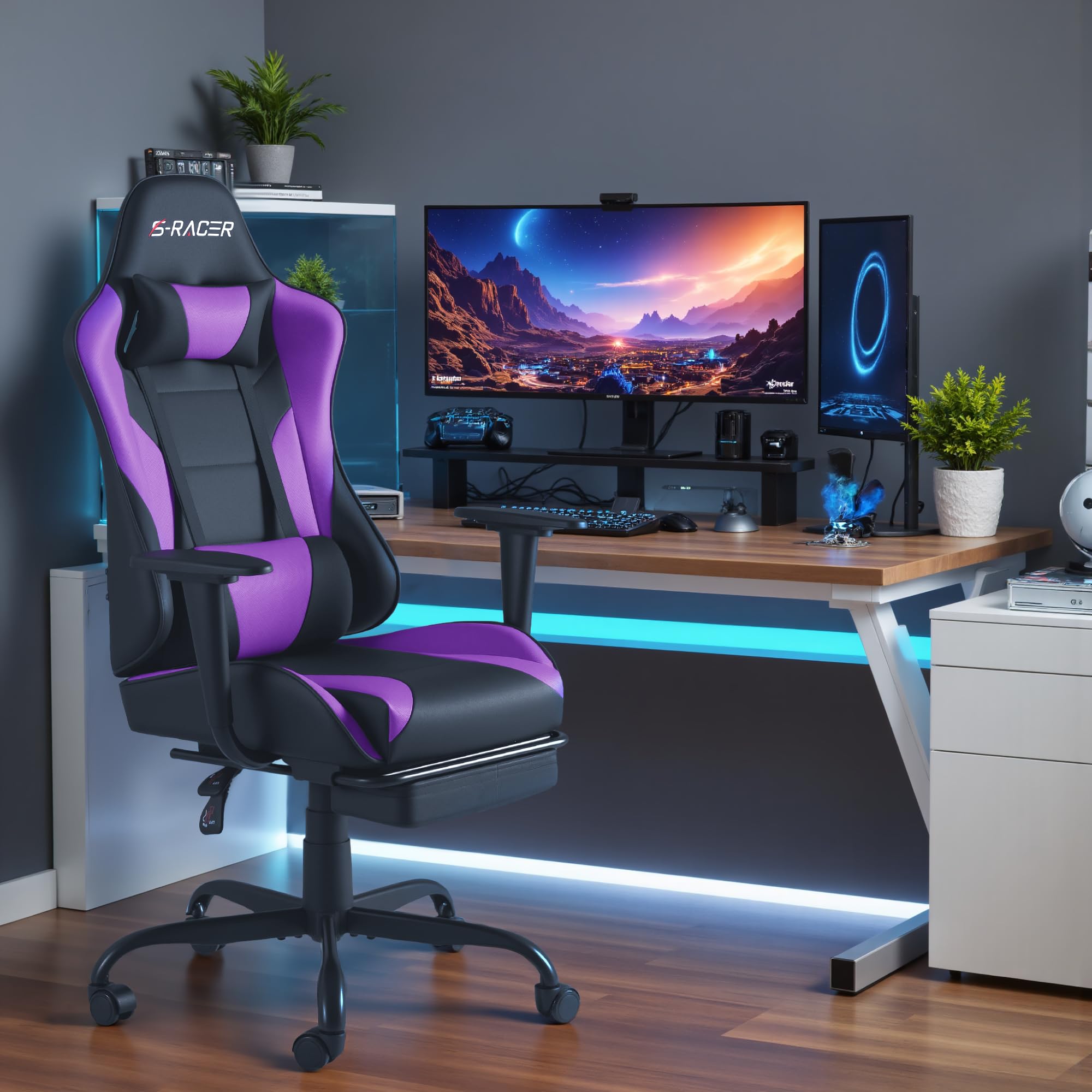 Homall Gaming Chair with Footrest & Lumbar Support - Adjustable Ergonomic Computer Game Chair with Massage, Headrest & 360° Swivel - Purple - Perfect for PC Gaming, Office Work & Home Entertainment