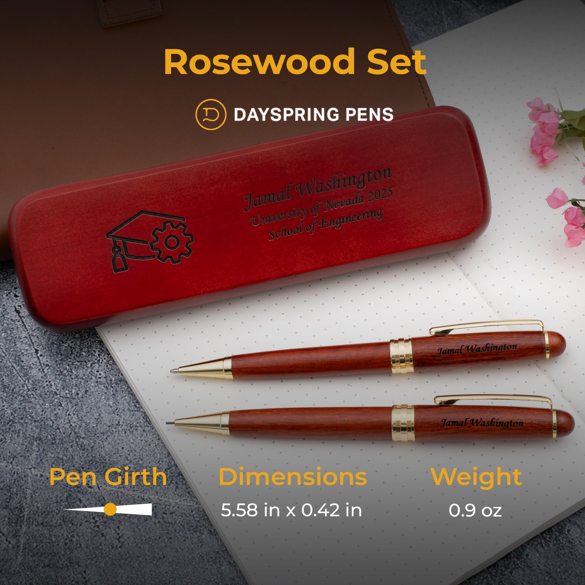 Personalized Rosewood Graduation Ballpoint Pen and Pencil Gift Set with Engraving - Perfect for Engineers, Graduates & Professionals - Ideal for Commencement, Office Use & Special Occasions