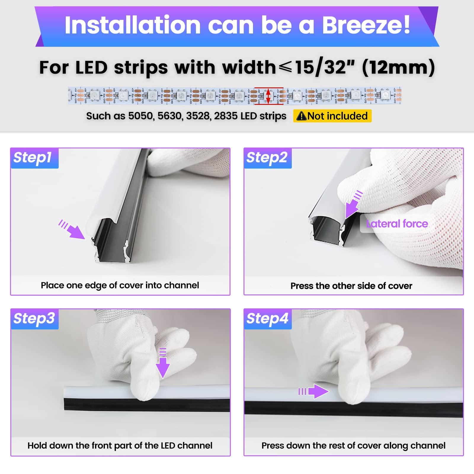 Muzata 10-Pack 6.6FT/2M LED Channel System - Black Aluminum U-Shape Diffuser with Milky White Cover for Spotless LED Strip Lighting (U108 BW 2M) - Perfect for Home, Office, and Commercial Lighting Projects