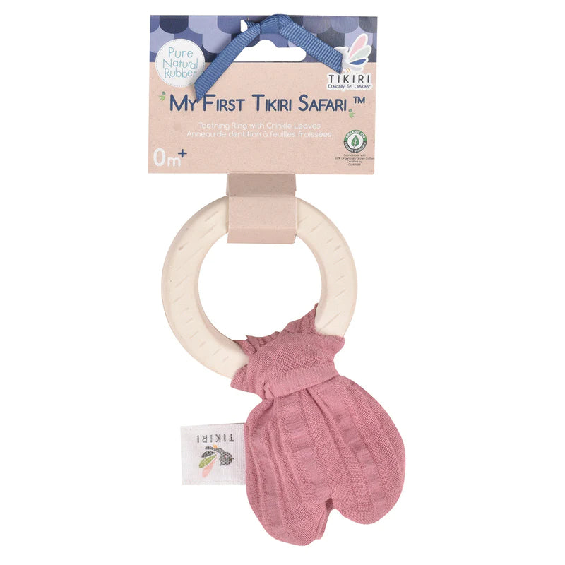 Organic Natural Rubber Teether & Crinkle Toy for Babies - Dusty Pink Muslin Tie | Soothing Teething Relief & Sensory Play for Infants | Perfect Baby Shower Gift & Nursery Essential