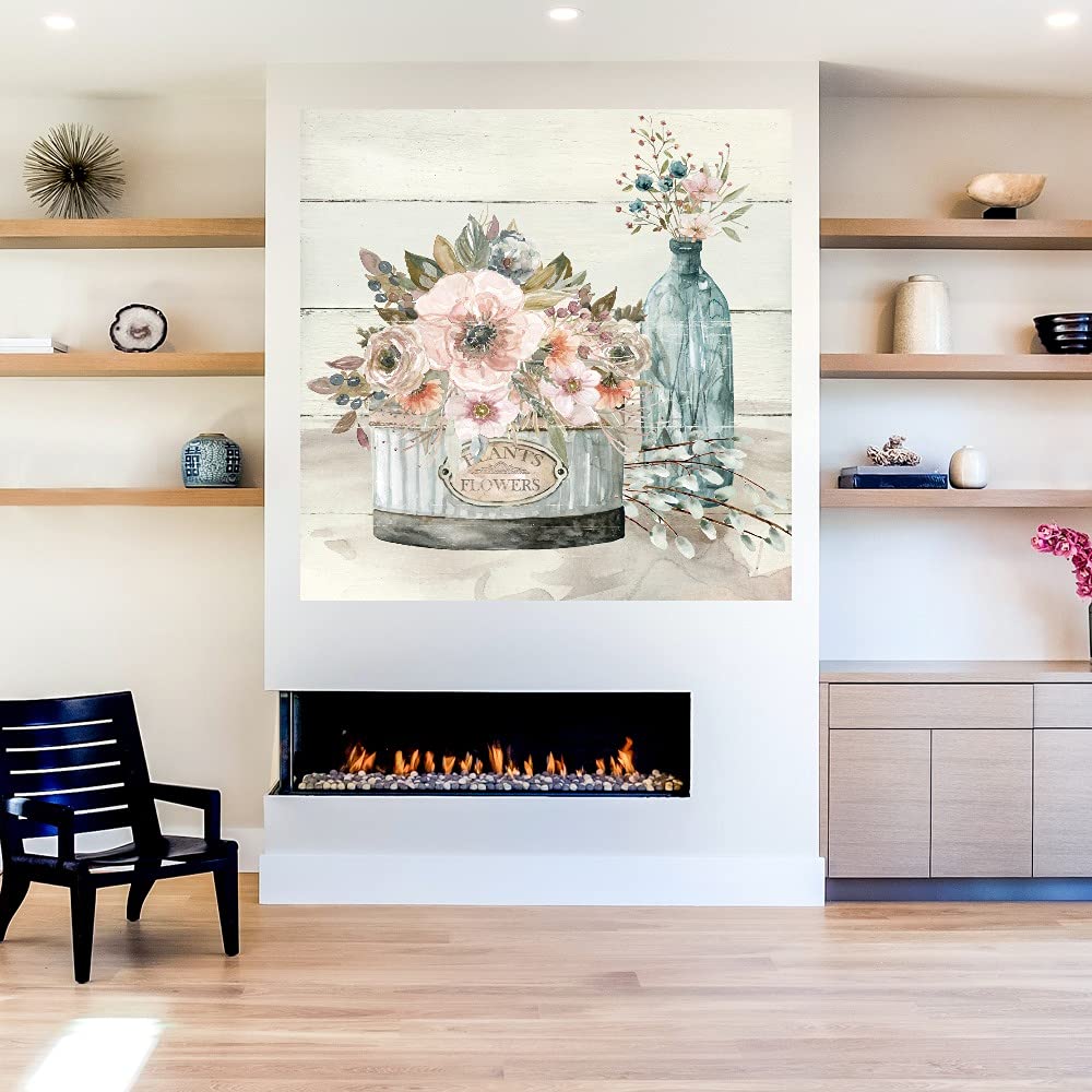 Carol Robinson Floral Canvas Wall Art - 32x32 Inch Ready to Hang Shiplap Plant & Flower Painting for Living Room, Bedroom, Bathroom, Kitchen, Office, Bar, Dining & Guest Room Decor - Perfect for Farmhouse, Boho & Coastal Home Styling