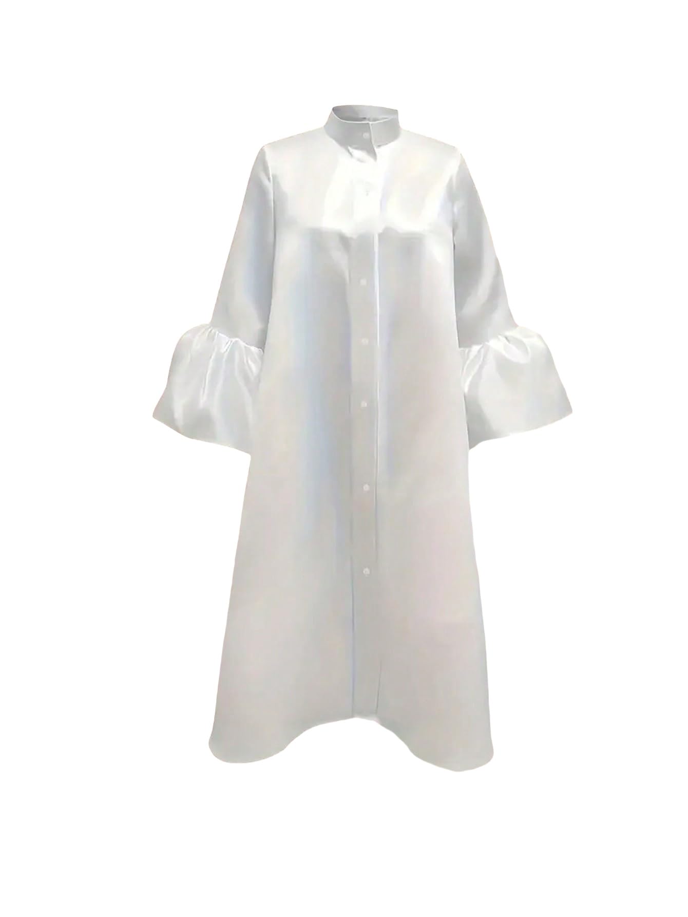 MakeMeChic Women's Plus Size Satin Silk Shirt Dress - Mock Neck, Button Down, 3/4 Flare Sleeve Midi Dress for Work, Office & Special Occasions