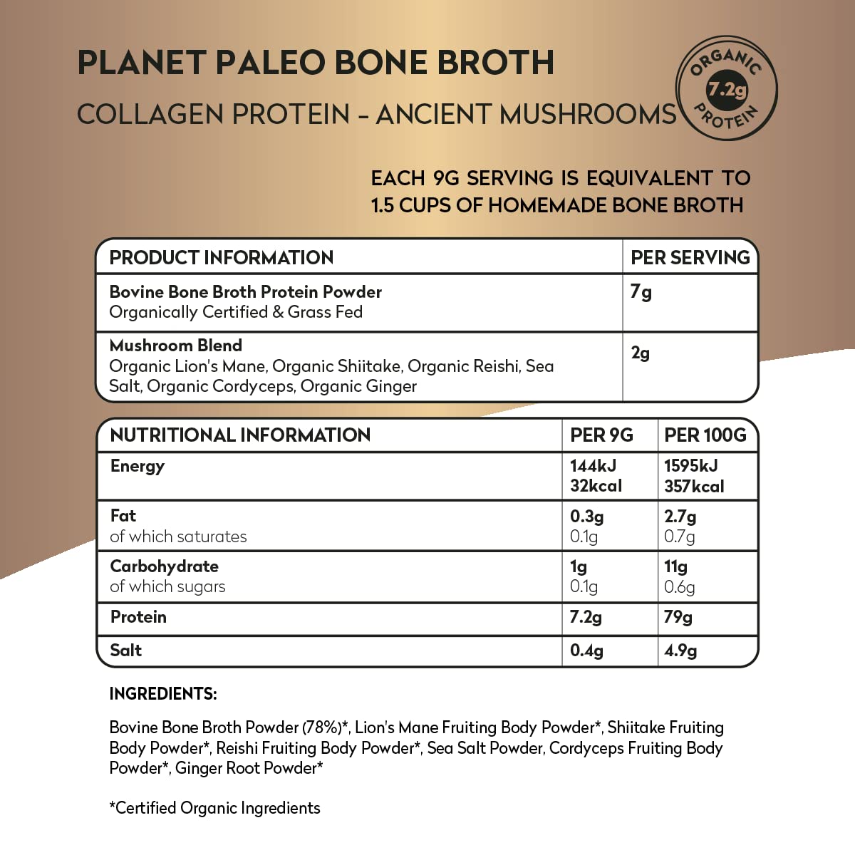 Organic Grass-Fed Bone Broth Powder with Reishi, Cordyceps & Lion's Mane Mushroom - Paleo Keto Protein Supplement (450g, 50 Servings) - Supports Immunity, Gut Health & Recovery - Perfect for Soups, Smoothies & Wellness Routines